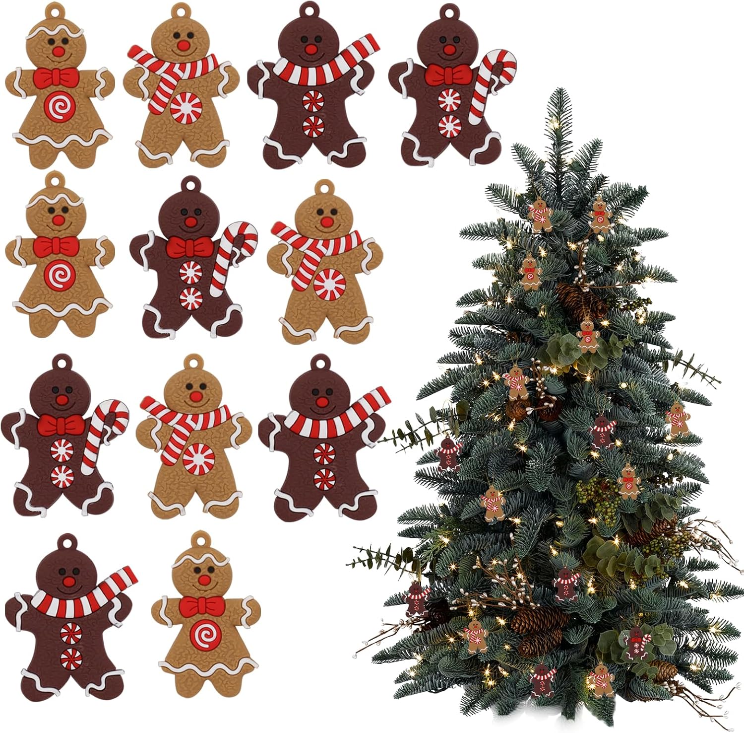 12 enfeites de Natal de gengibre, bonecos de gengibre encantadores e bastões de doces pendurados para decoração festiva - 2