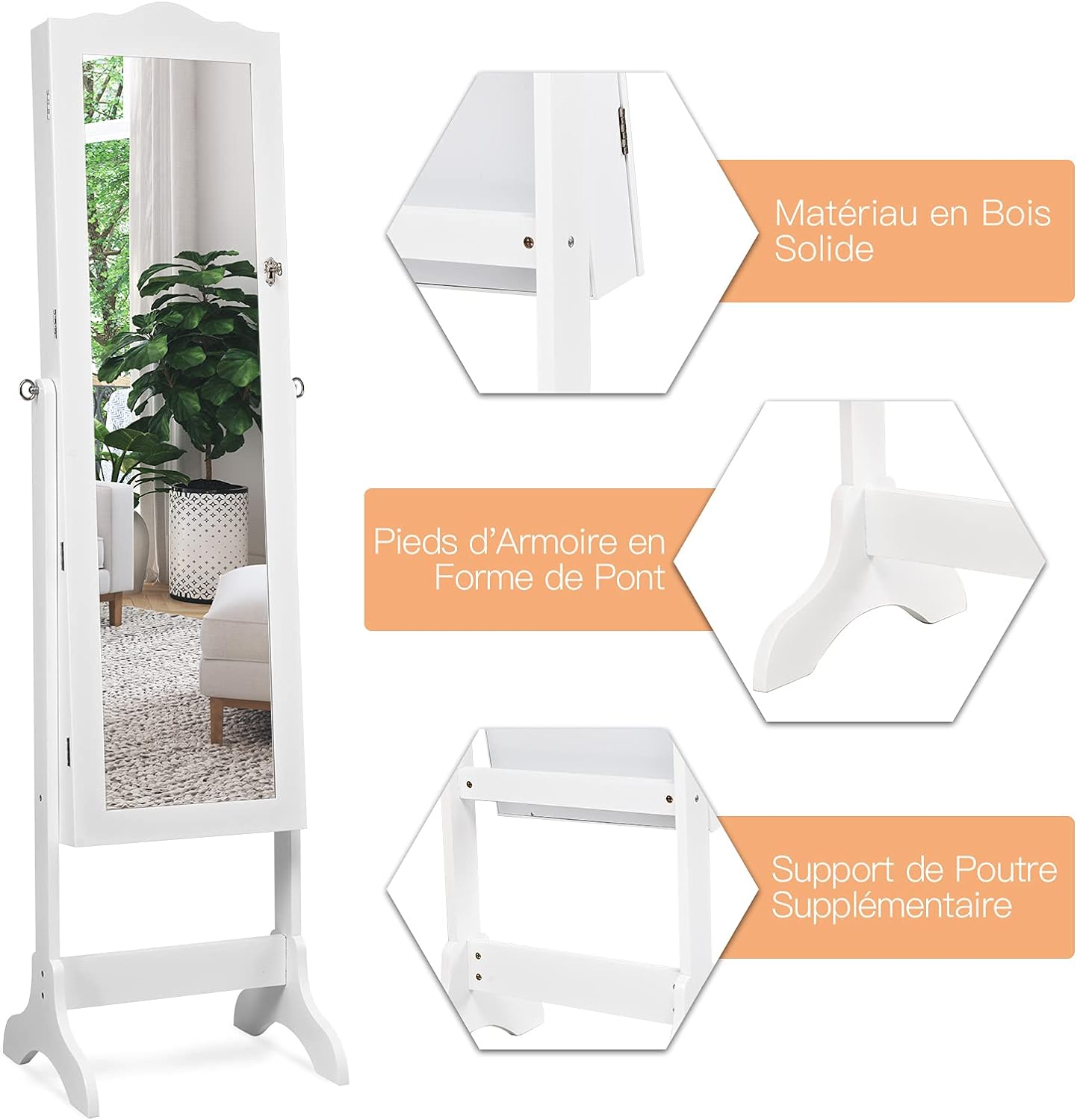 Armoire a Bijoux sur Pied avec Miroir, Meuble a Bijoux de Dessus d’Arc avec 14 Lumieres LED, 6 Etageres de Rangement,(Blanc) - 4