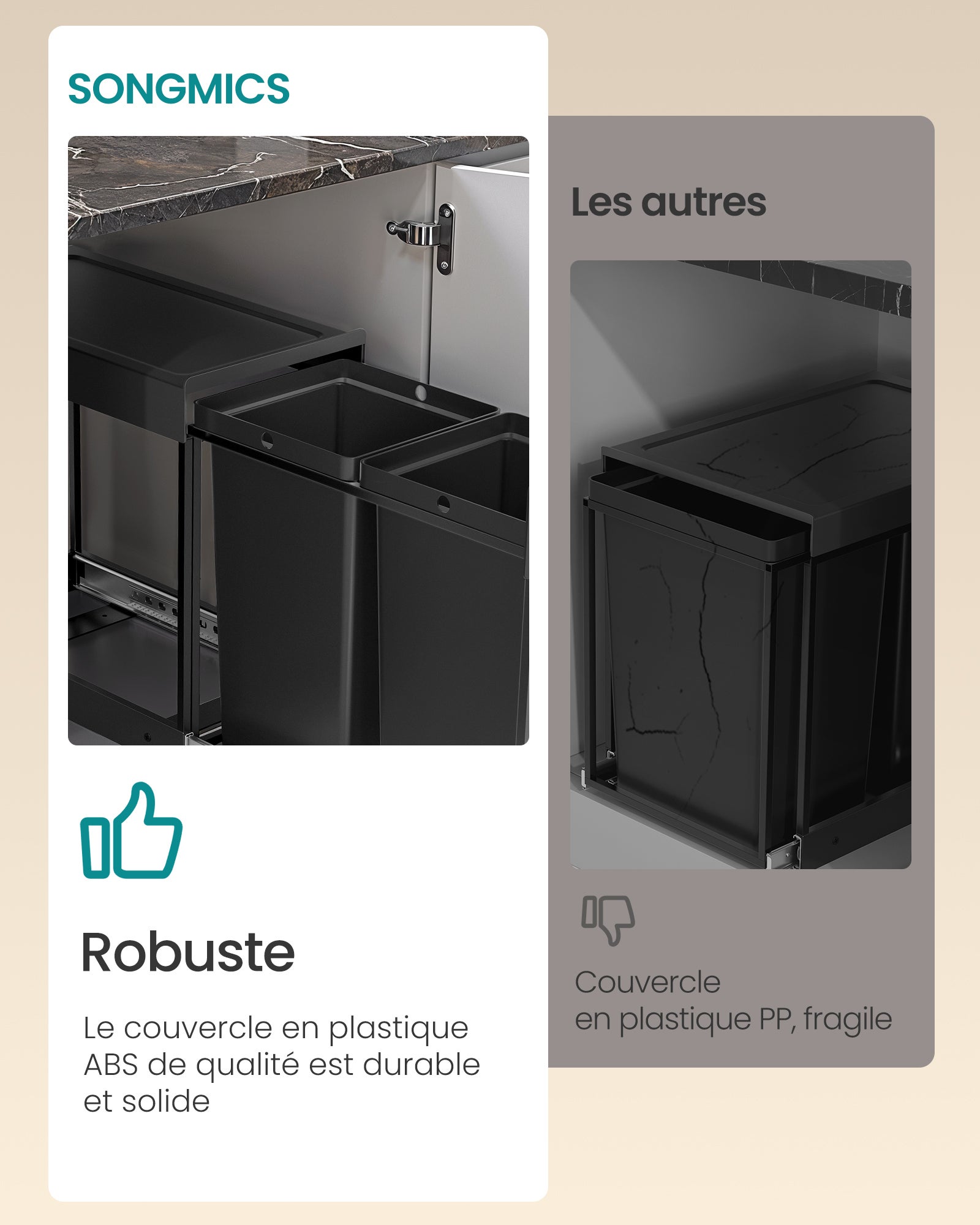 Poubelle de Tri Sélectif, Poubelle de Cuisine Extractible Coulissante, 2 Seaux de 15 L, Coulissement en Douceur, Noir d'Encre - 4