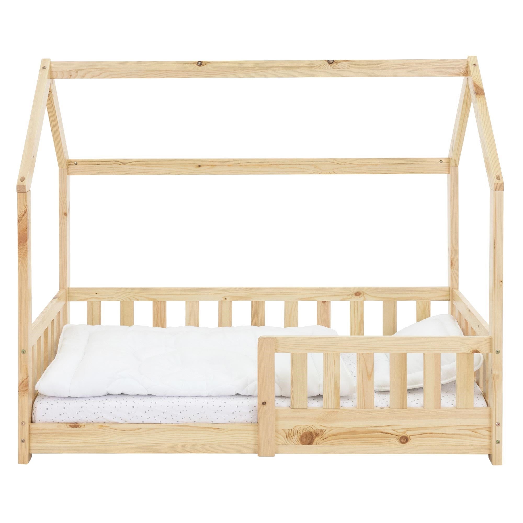 Lit cabane enfant 70x140 cm naturel en bois massif avec matelas, protection antichute, toit et sommier à lattes, couchage maisonnette - 2