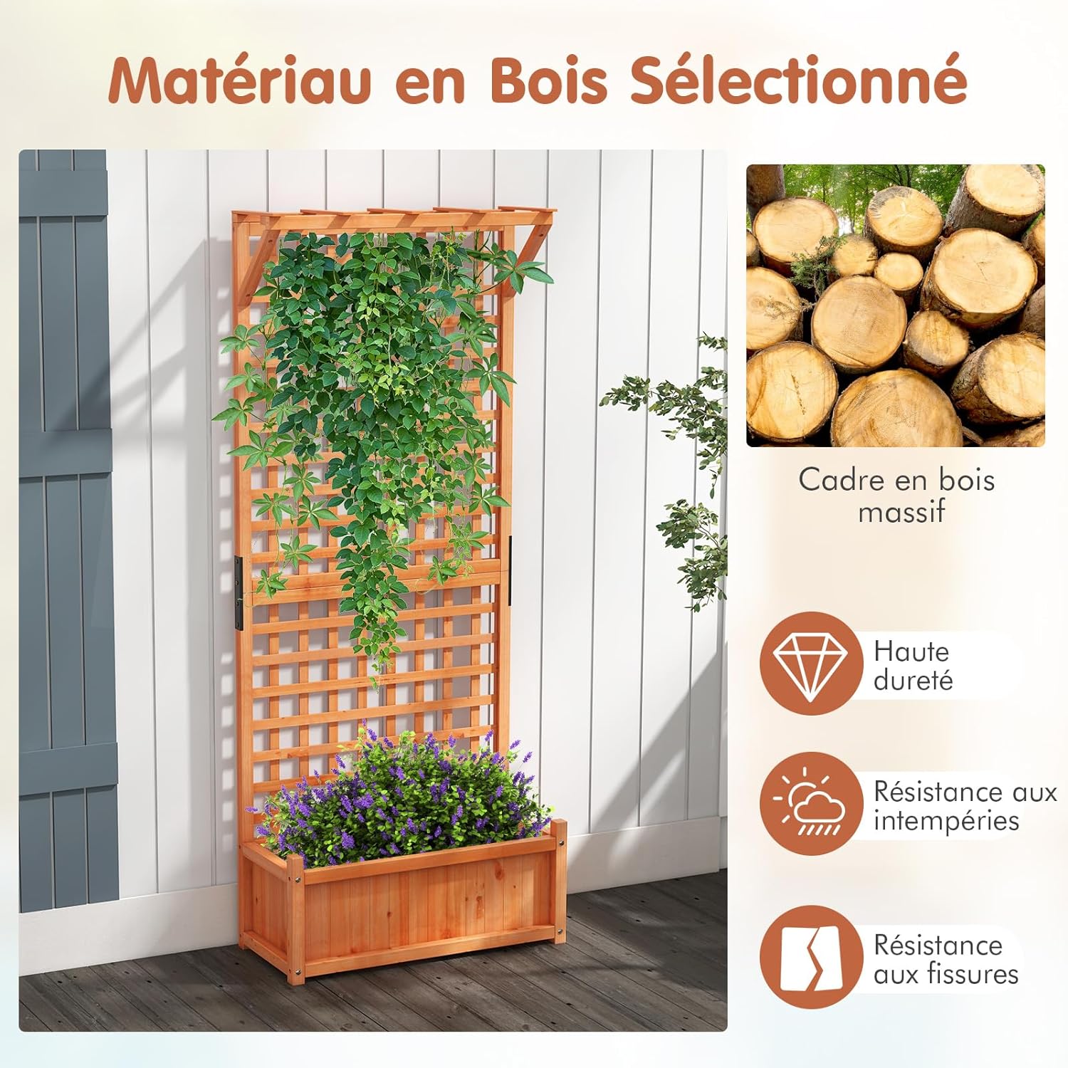 Jardinière avec Treillis 183cm en Bois, pour Plantes Grimpantes, Bac à Fleurs avec Trou de Drainage, 75x33x183CM - 4