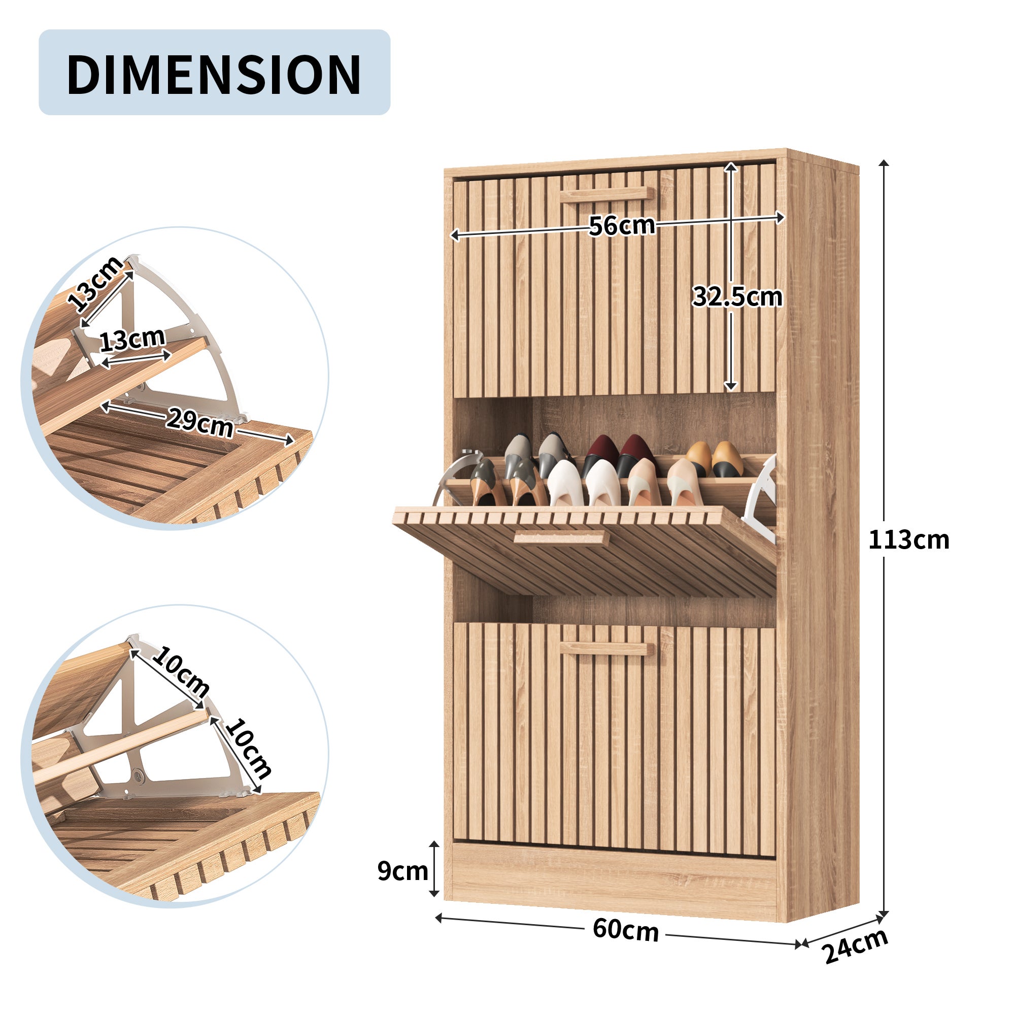 Meuble à chaussures étroit à tiroirs, avec 3 tiroirs à abattant, 60 x 24 x 113 cm, couleur bois naturel, Entrée, couloir, en bois - 4