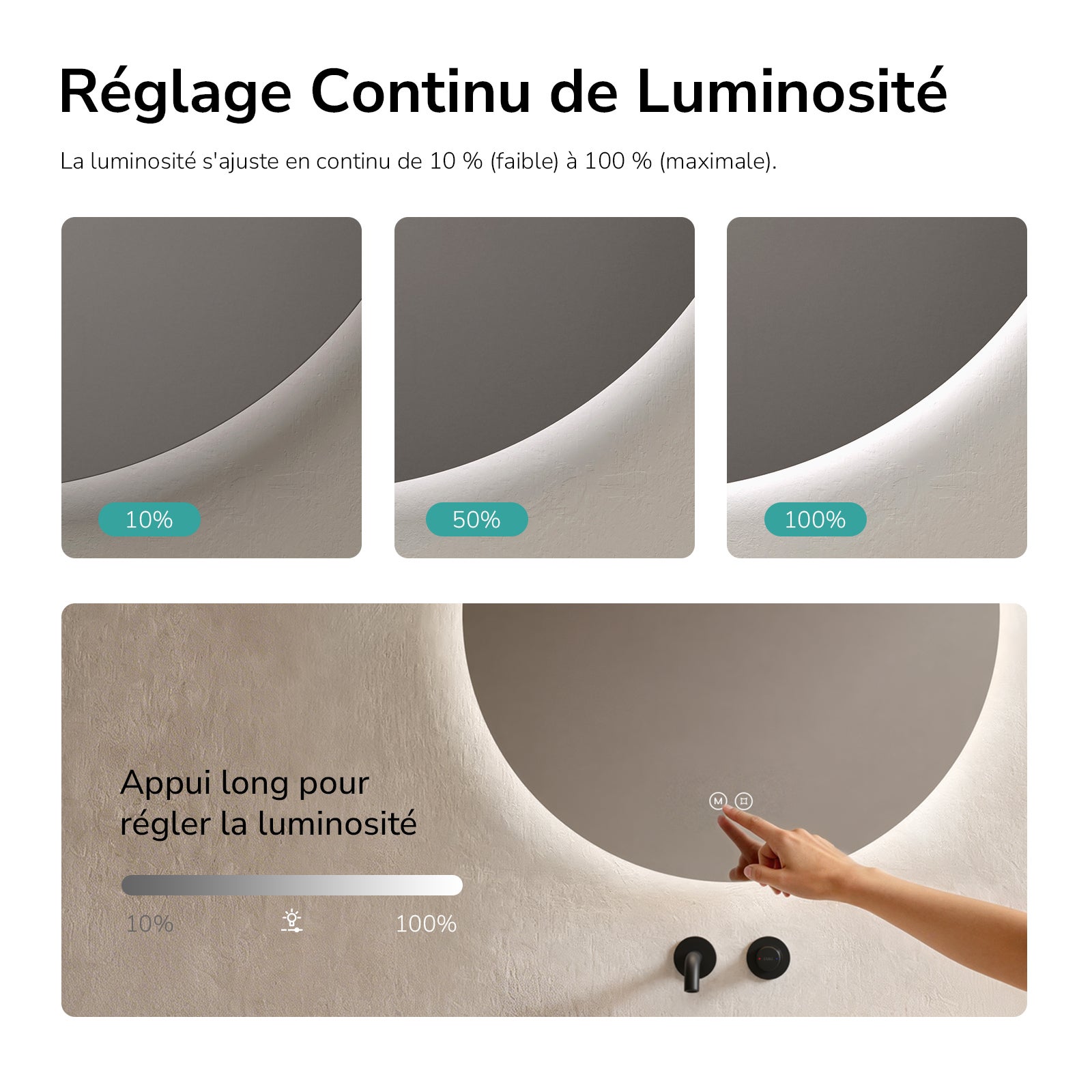 EMKE Miroir lumineux salle de bain rond diamètre 50cm, rétro-éclairage sans cadre, Miroir LED avec Interrupteur Tactile, Lumière Froide/Neutre/Chaude - 3