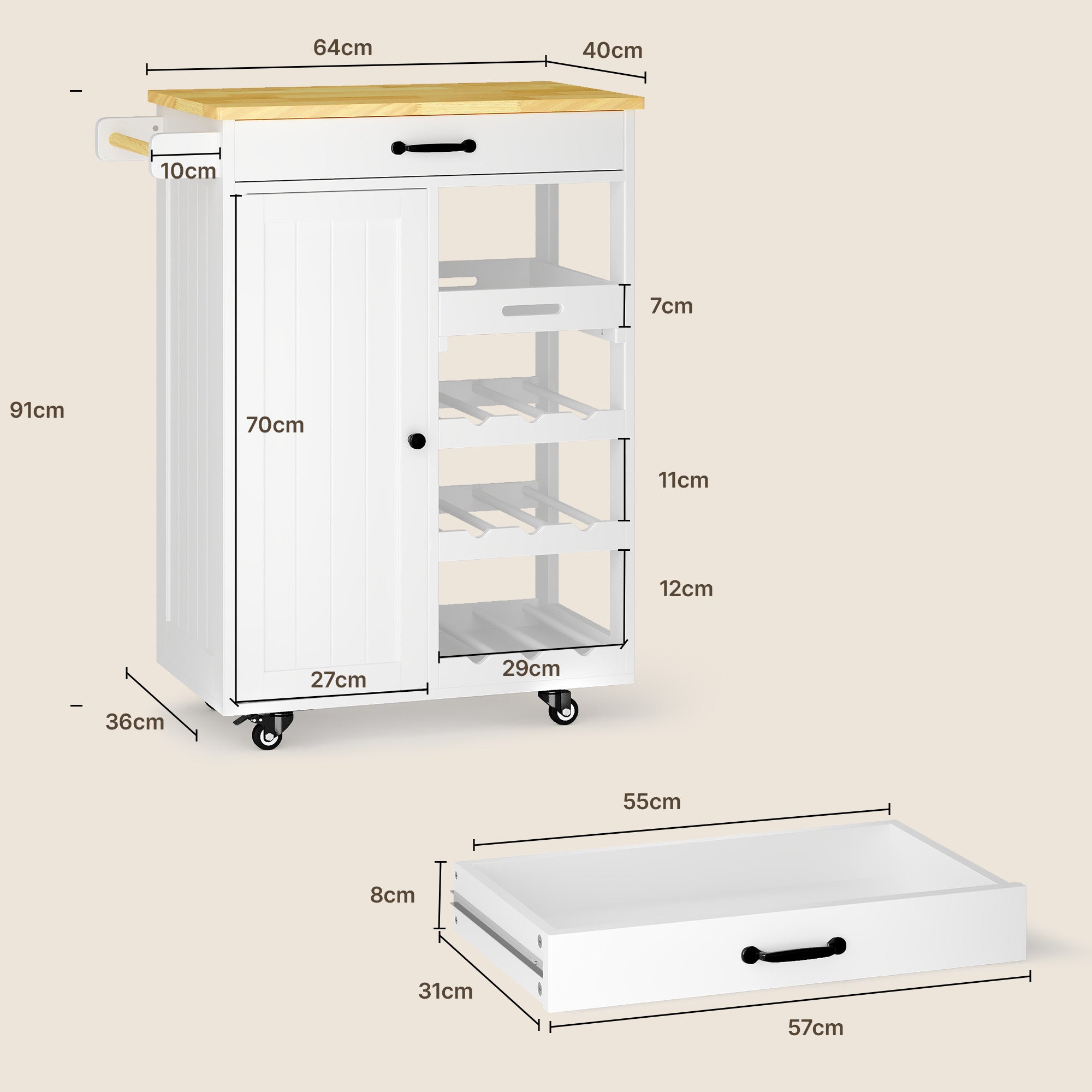Desserte de cuisine mobile sur roulettes blanc - Chariot avec range-bouteilles, tiroir et plan de travail en bois MDF - 64x40x91cm - 3