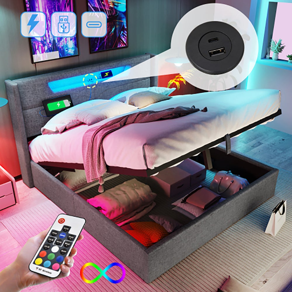 OOIILLEE Lit Double Rembourré Avec USB 140x200cm, Cadre De