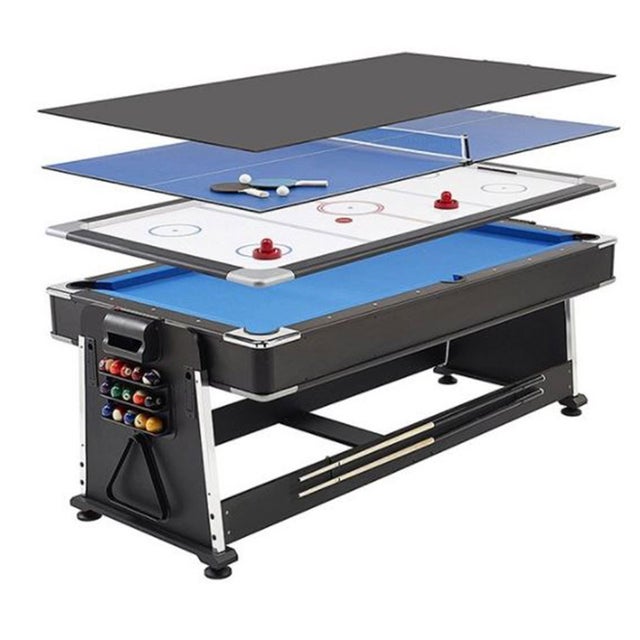 DEVESSPORT Multijogo giratório 4 em 1 Olimpus – Devessport Tapete Azul (Bilhar, Air Hockey – Ping-Pong, Mesa de jantar)