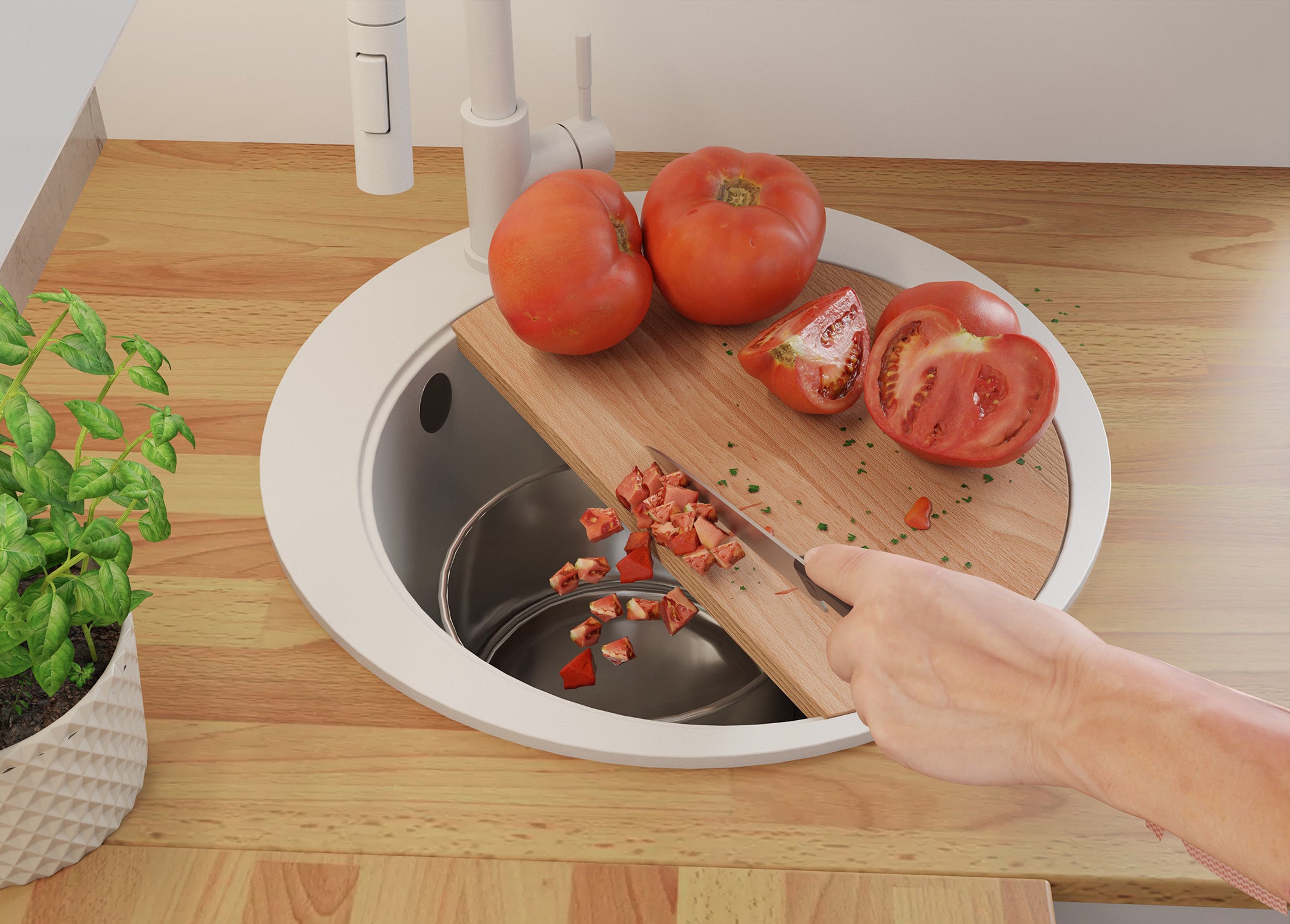 Lavandino Rotondo Bianco 50x50cm, Lavello in Granito a 1 vasca + Sifone Classico + Accessori, Lavabo da Cucina Incasso al mobile 45cm PRIMAGRAN - 2