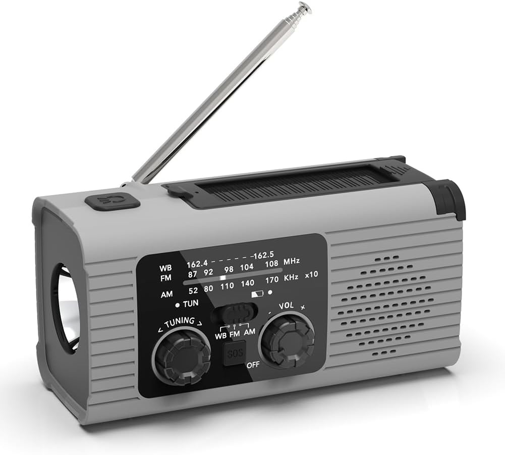 Wielofunkcyjne radio awaryjne zasilane korbką AM/FM/Solarne radio awaryjne z korbką, alarm SOS, 4000 mAh, szare