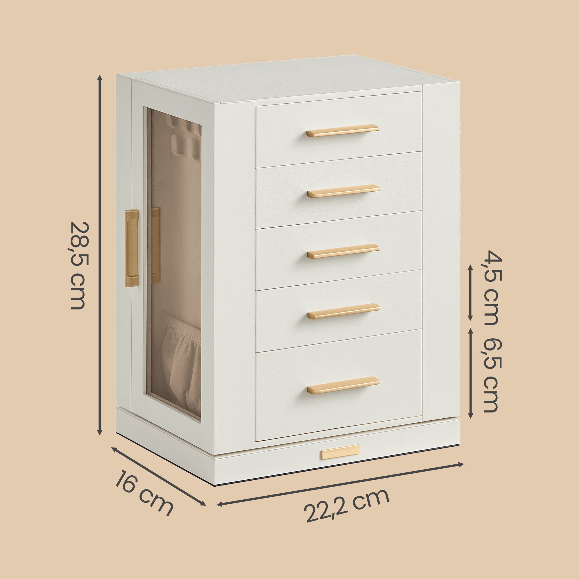Boîte à Bijoux Rotative à 360°, Coffret de Rangement avec 5 Tiroirs, Fenêtre en Verre, Spacieux, Idée Cadeau, Blanc - 5