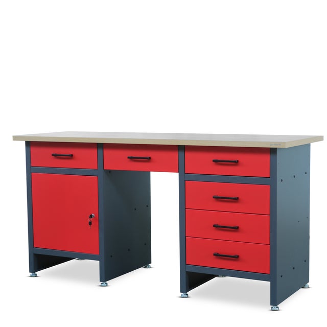 Stół warsztatowy z metalu z 6 szufladami i zamykanym schowkiem 170x60x85 cm antracytowo-czerwony – FRANK