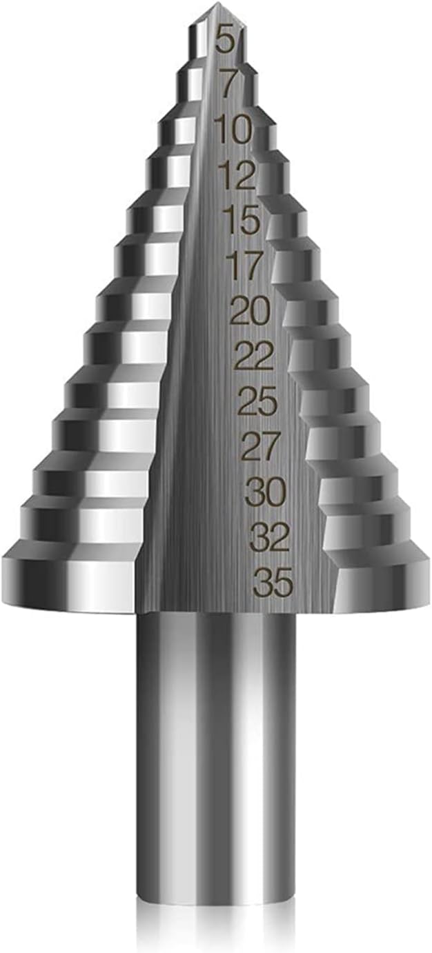 Wiertła stopniowe dwuostrzowe, pokryte tytanem (5 mm-35 mm), wytrzymałe i trwałe, odpowiednie do wiercenia wkrętakiem w materiałach takich jak: