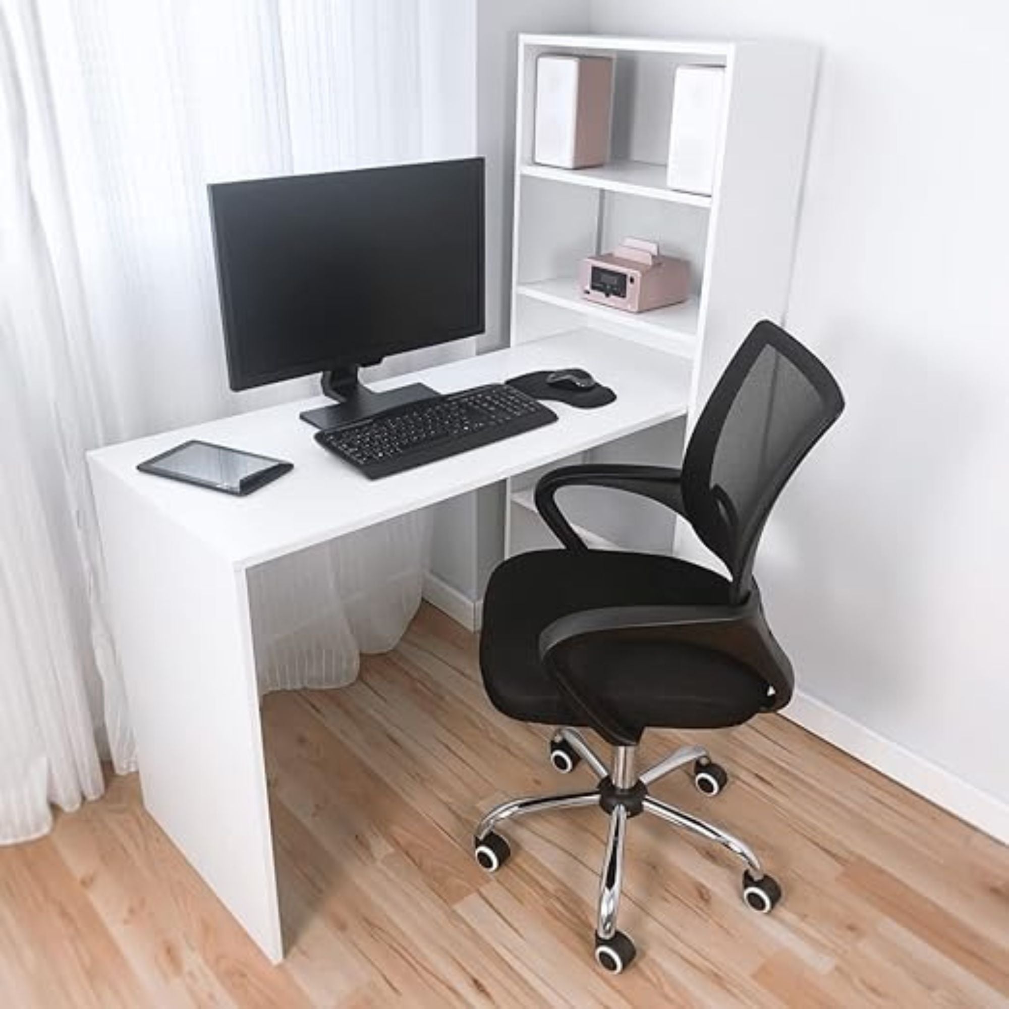 Scrivania per computer con scaffale reversibile, 5 vani portaoggetti, colore bianco, 122 cm (L) x 50 cm (P) x 140 cm (A) - 4