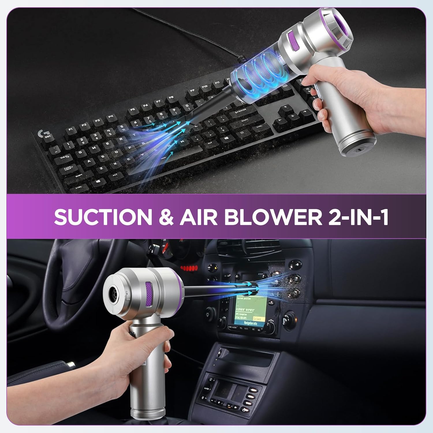 16000Pa Aspirateur Voiture Puissant sans Fil, 4 en 1 Mini Aspirateur avec Moteur sans Brosse pour Souffleur Air Comprimé