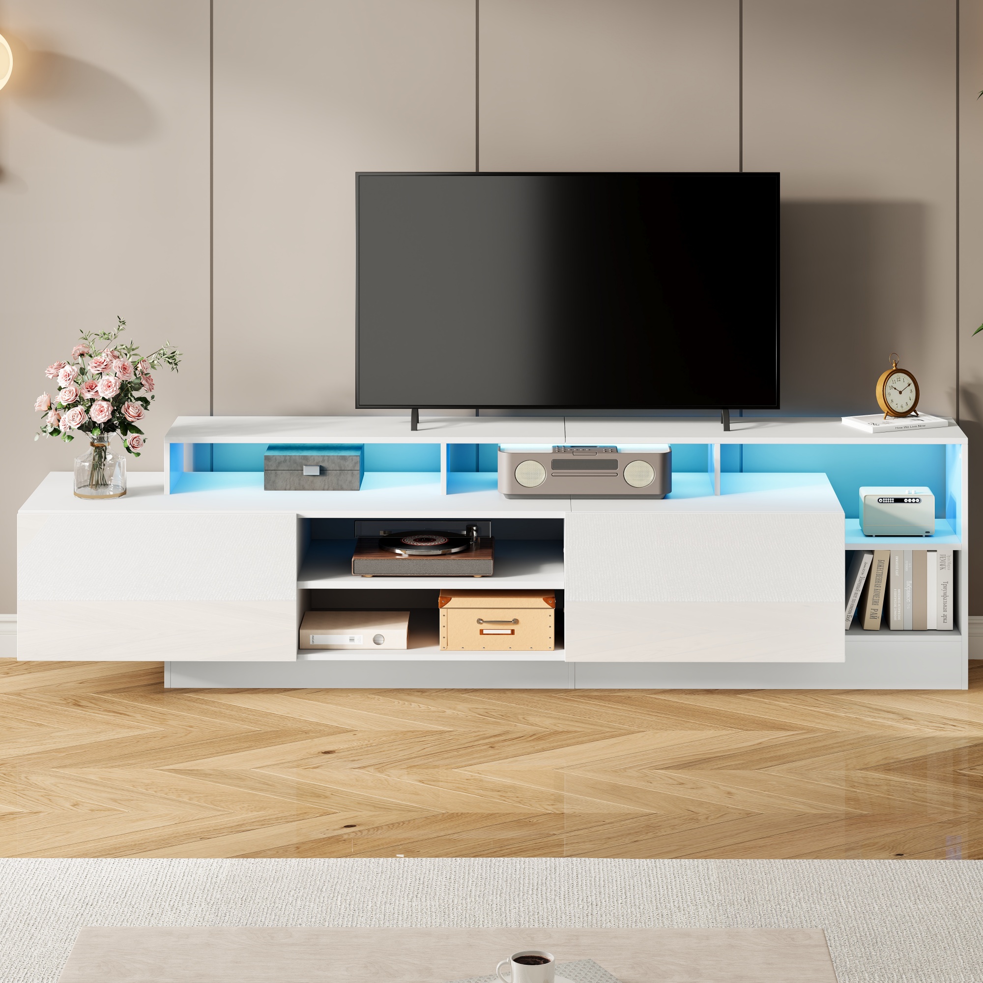 Nowoczesna szafka RTV z 2 opuszczanymi drzwiami do telewizorów 70 cali - 190 x 40 x 48,5 cm - diody LED - płyta wiórowa - biała