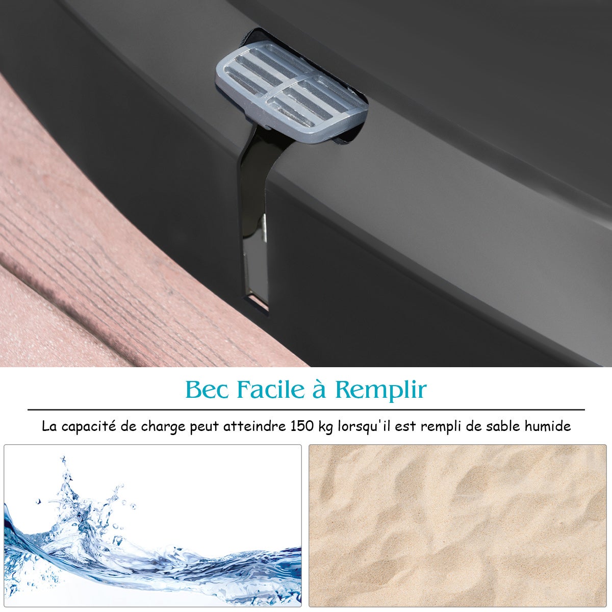 Pied Parasol avec Roulettes, Dalle Parasol Déporté avec Pédale de Commande, Rempli 150 kg Sable Humide/100 kg Eau, Base Portable pour Jardin, Noir - 7