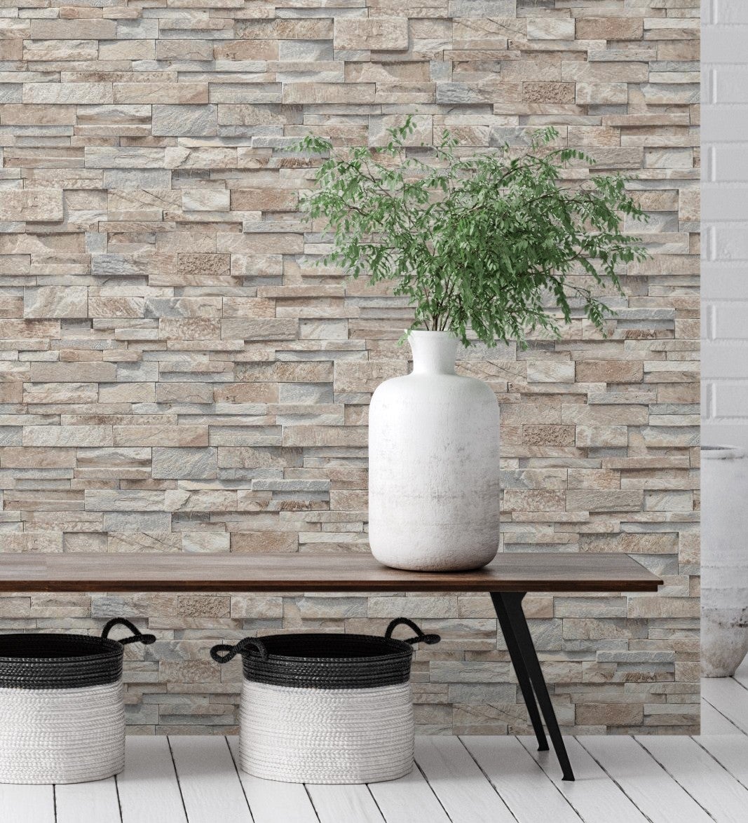 Papier peint vinyle lessivable imitation mur de pierre d'ardoise texturé en relief - Austin Stone 127671 de GAULAN - Rouleaux de 10 m x 0,53 m - 3