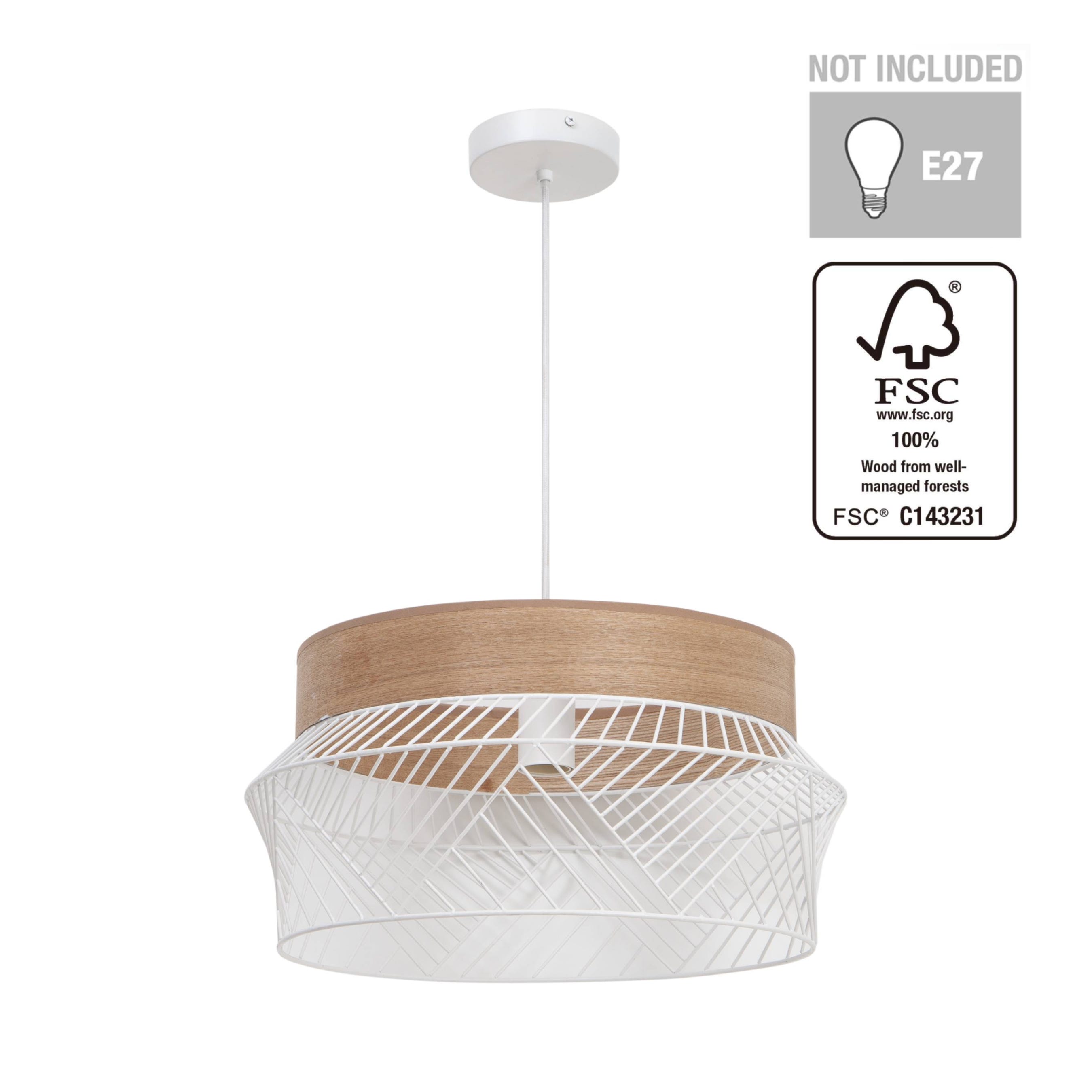 INSPIRE - Pendente KANEL - 1 ponto de luz - 1xE27 46W - Ø45 CM - Metal e Madeira - branco mate - 8