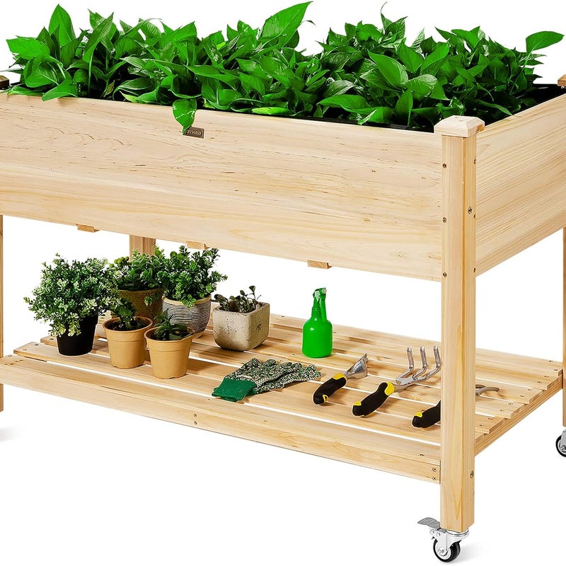 Podniesiona Grządka na Kółkach, Ogród z Drewna Sosnowego z Półką i Otworami Drenażowymi, Naturalny, 120 x 59 x 84 cm