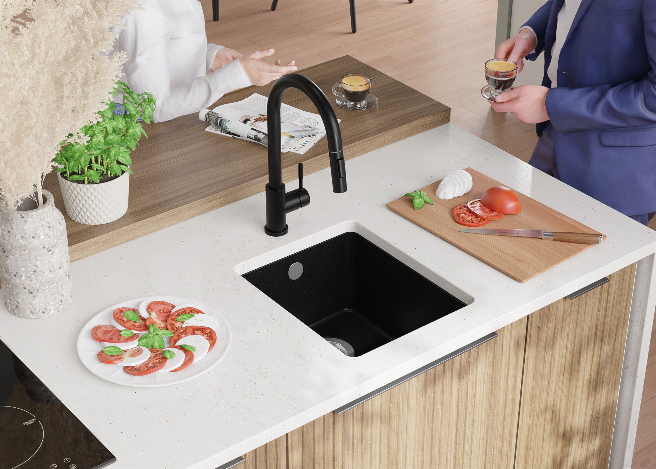 Lavandino sottotop Tutto Nero 36x44cm, Lavello in Granito a 1 vasca + Sifone Classico + Accessori, Lavabo da Cucina al mobile 40cm PRIMAGRAN - 4