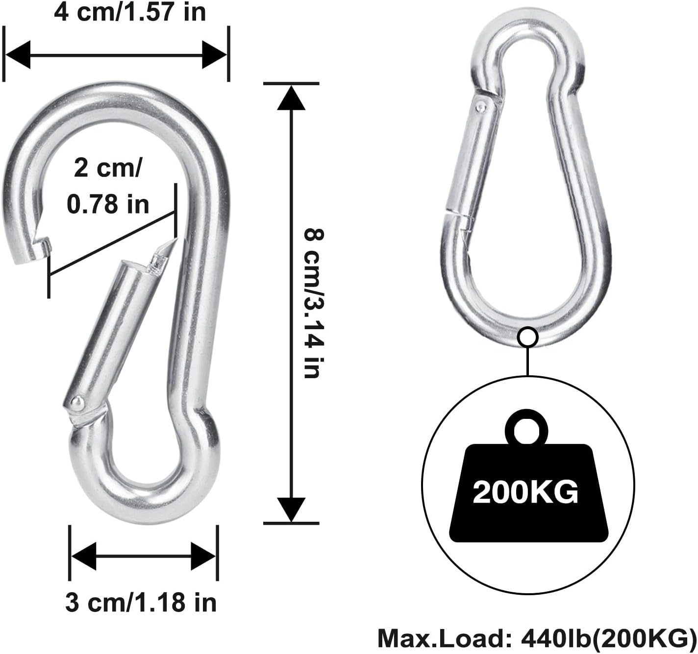 Mousqueton en acier inoxydable 304, 30 mm, pour voile d'ombrage, hamac, sac de frappe, camping, pêche, randonnée - 3