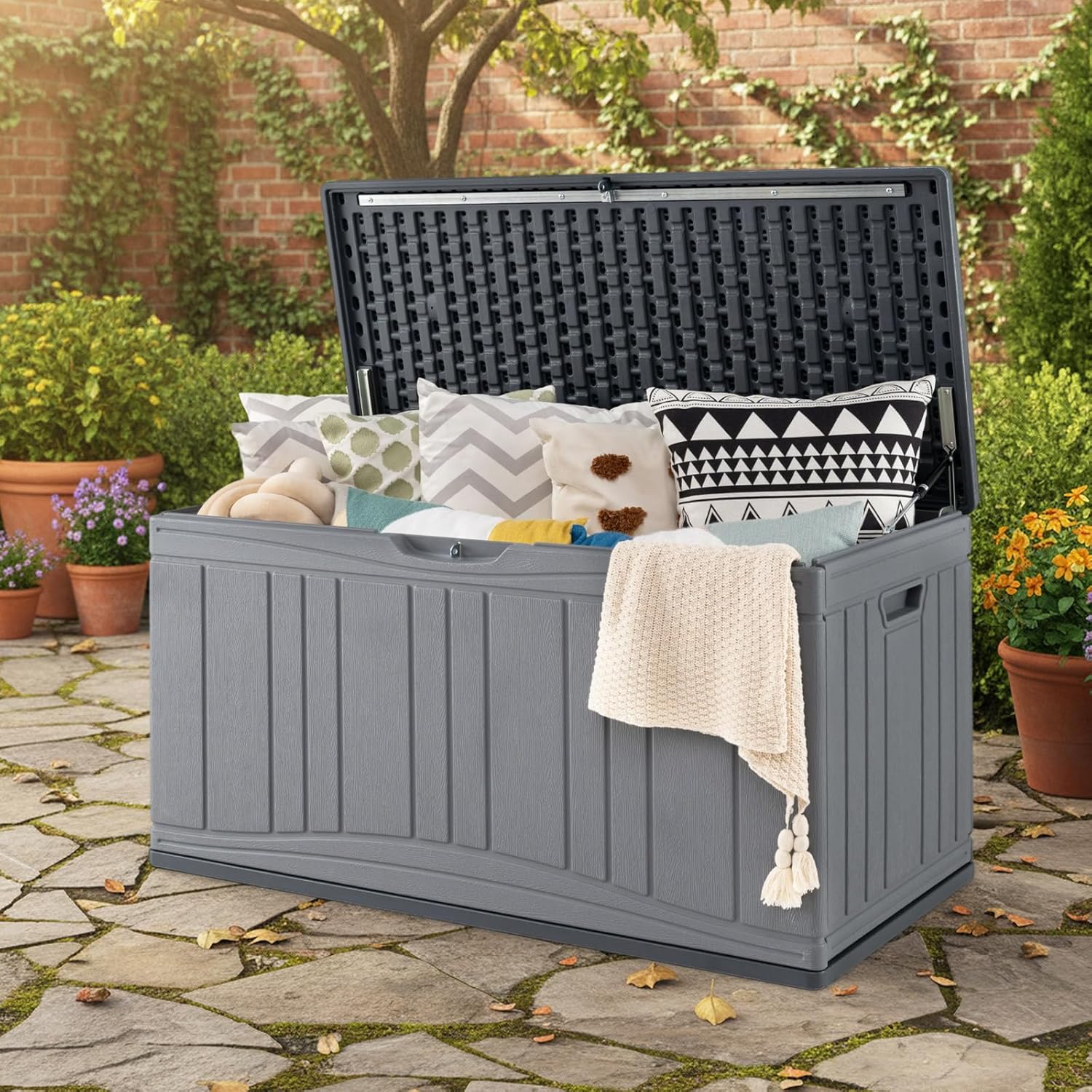 Cassapanca Da Giardino 90 L – 43x44x51 Cm, In Polipropilene Effetto Rattan, Resistente A Pioggia E UV, Per Terrazzo E Interno