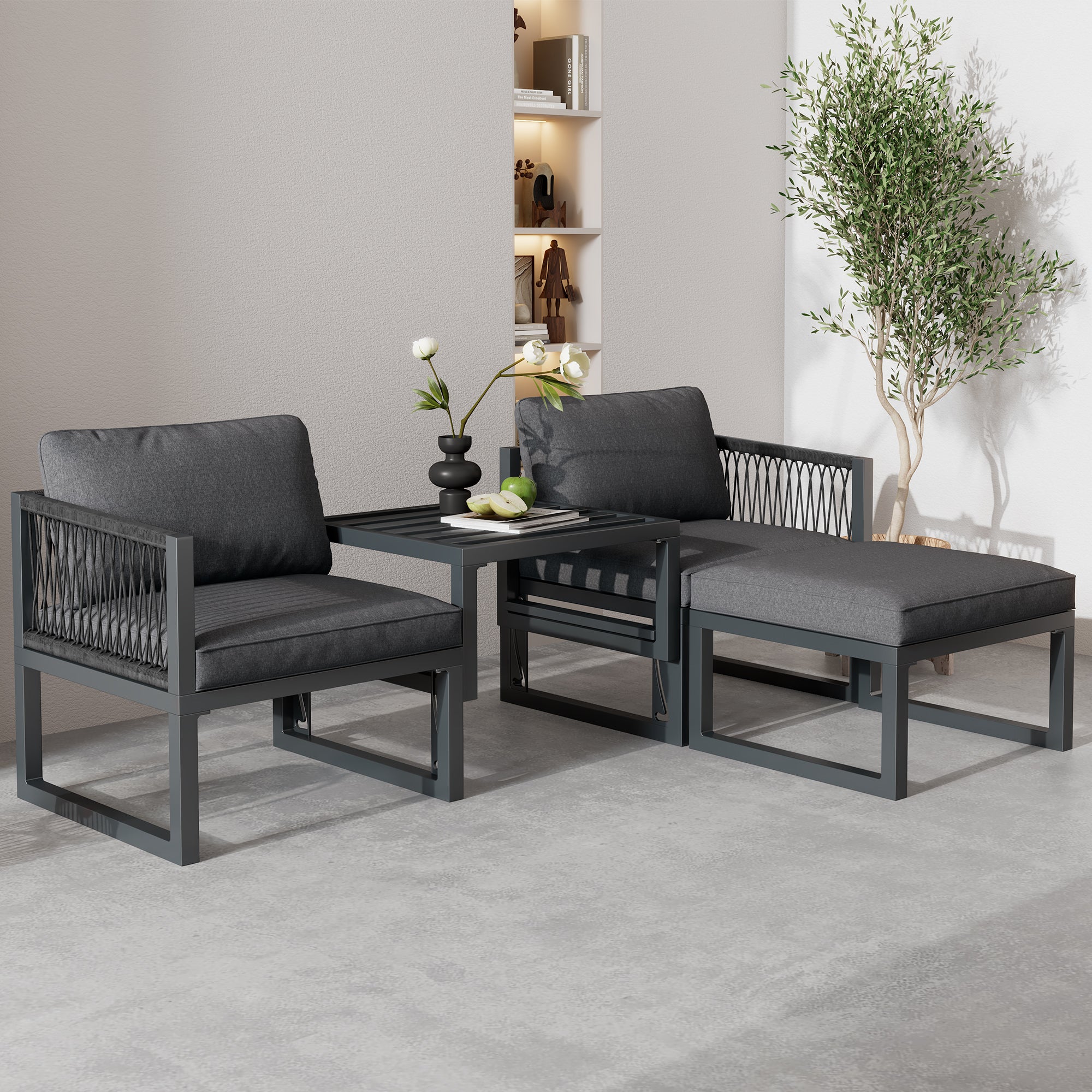 Zestaw mebli ogrodowych aluminiowych modułowych: 2 sofy + 2 podnóżki + 5 poduszek w komplecie - szary
