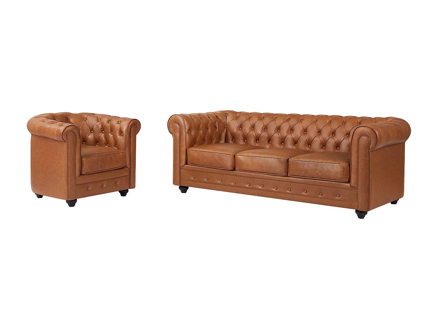 Canapé 3 places et fauteuil en cuir de vachette camel CHESTERFIELD - 2