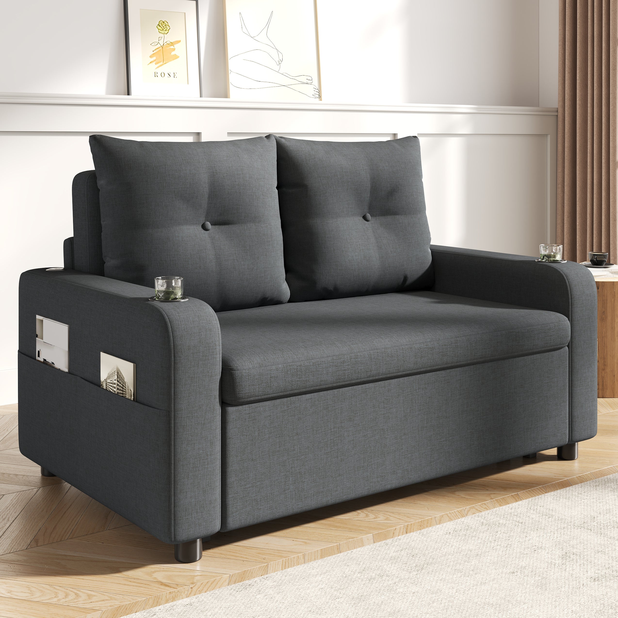 Sofa 2-osobowa z funkcją spania, uchwytem na kubek, portem USB i kieszeniami bocznymi - 131 x 81 x 94 cm - Tapicerka bawełniano-lniana - Szara - 2