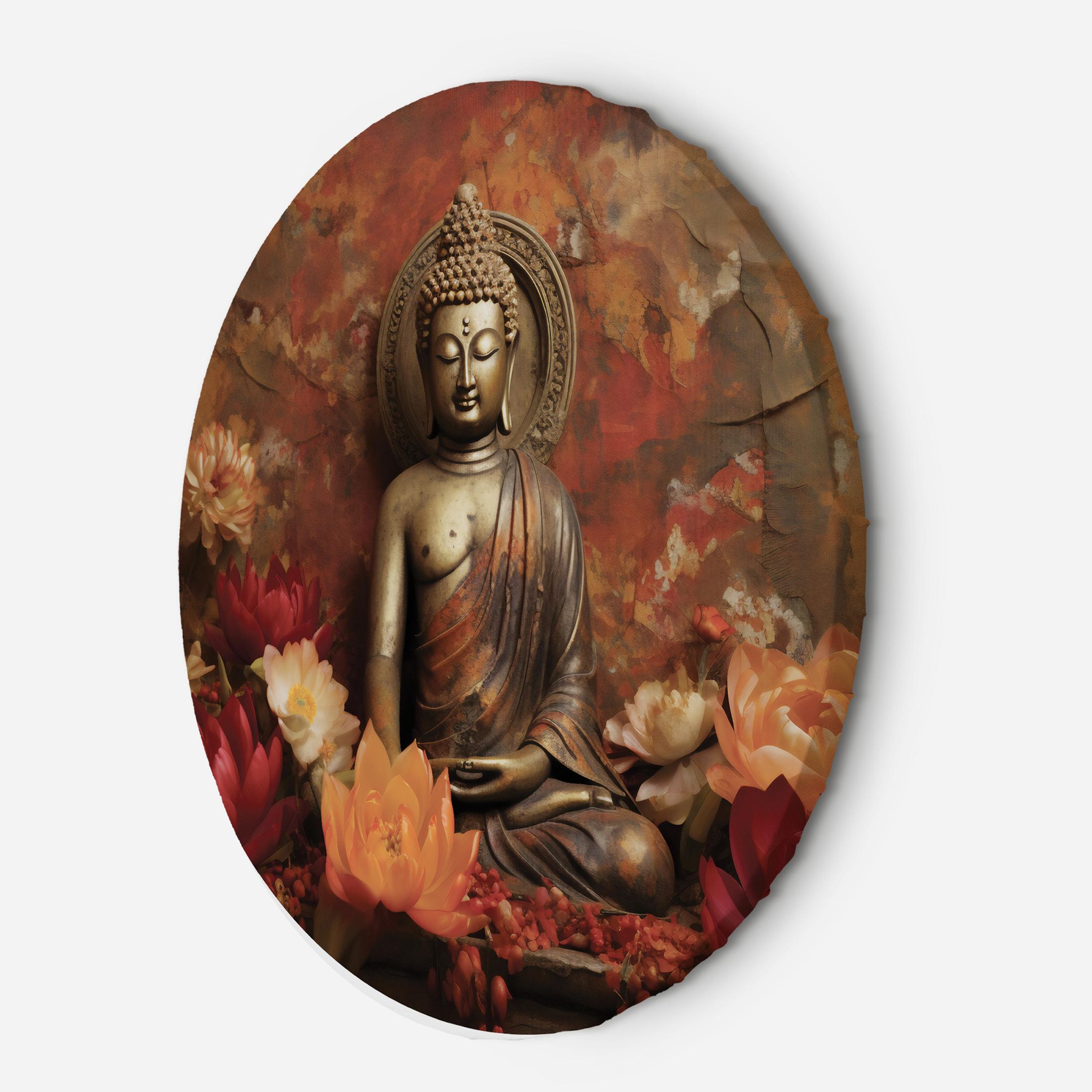 Okrągly obraz, Medytuący Budda i kolorowe kwiaty 40x40