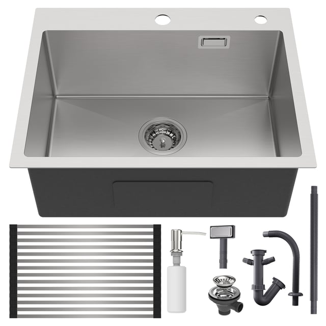 Évier Cuisine 58*45*18CM, Lavabo Cuisine 1 Bac avec Égouttoir Enroulable et Distributeur de Savon, Inox brossé, Montage à Encastrer ou à Fleur