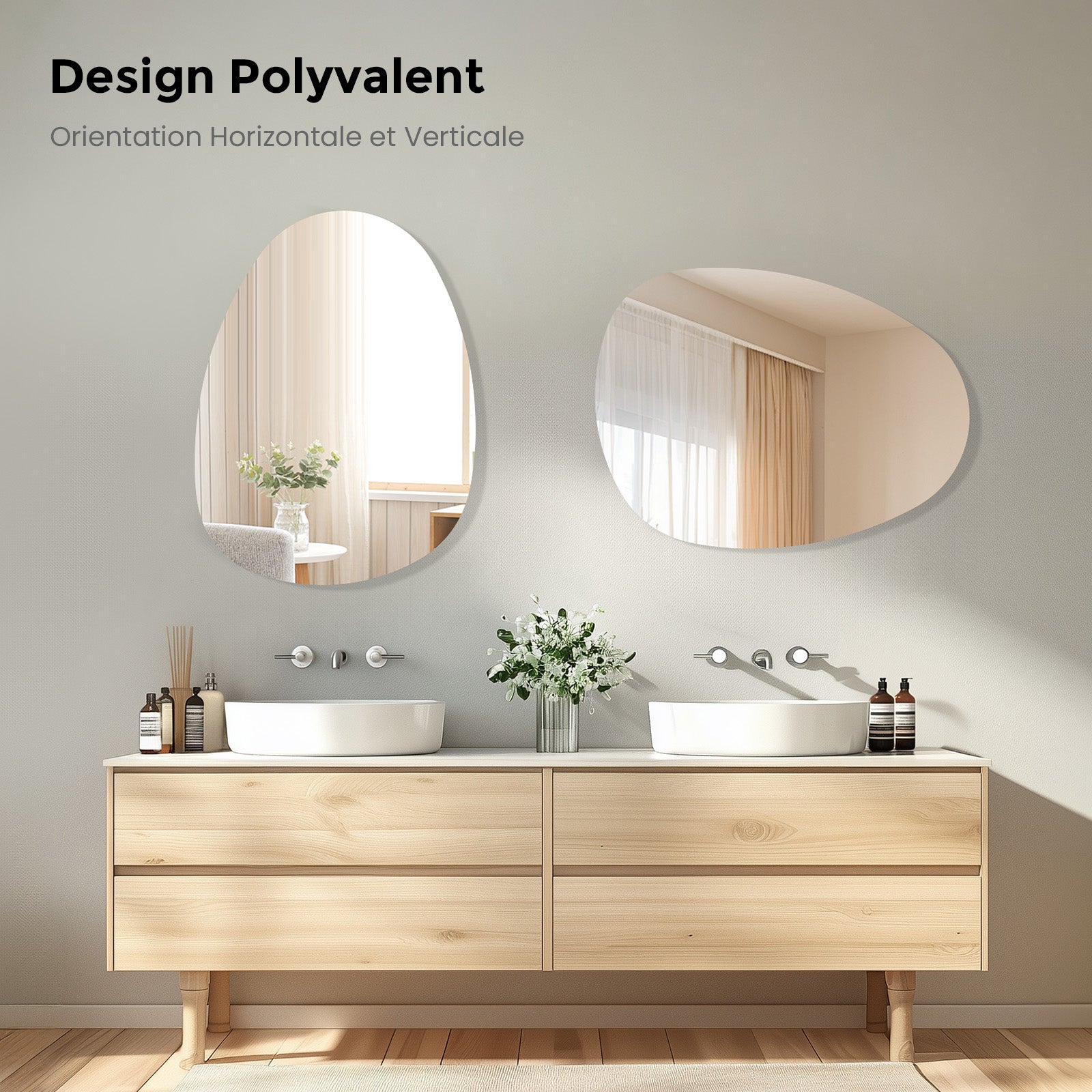 Miroir asymétrique sans cadre 60 × 45 cm, miroir mural anti-humidité pour salle de bains, bords polis, installation verticale ou horizontale - 4