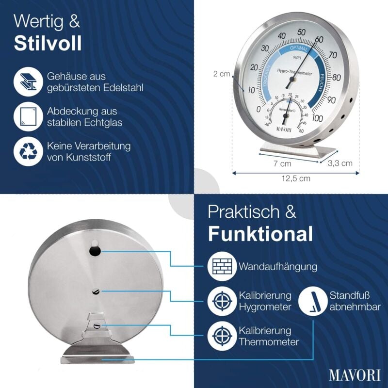 Thermomètre hygromètre d'ambiance analogique - Acier inoxydable de haute qualité pour un contrôle fiable et confortable du climat intérieur - 4