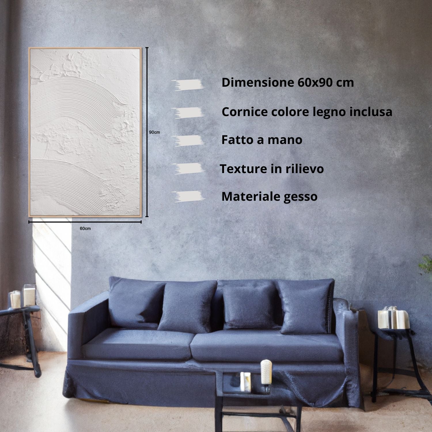 DekoArte - Tableau decoration murale salon avec relief BRISA 90x60cm - Tableaux avec cadre couleur bois inclus - 7