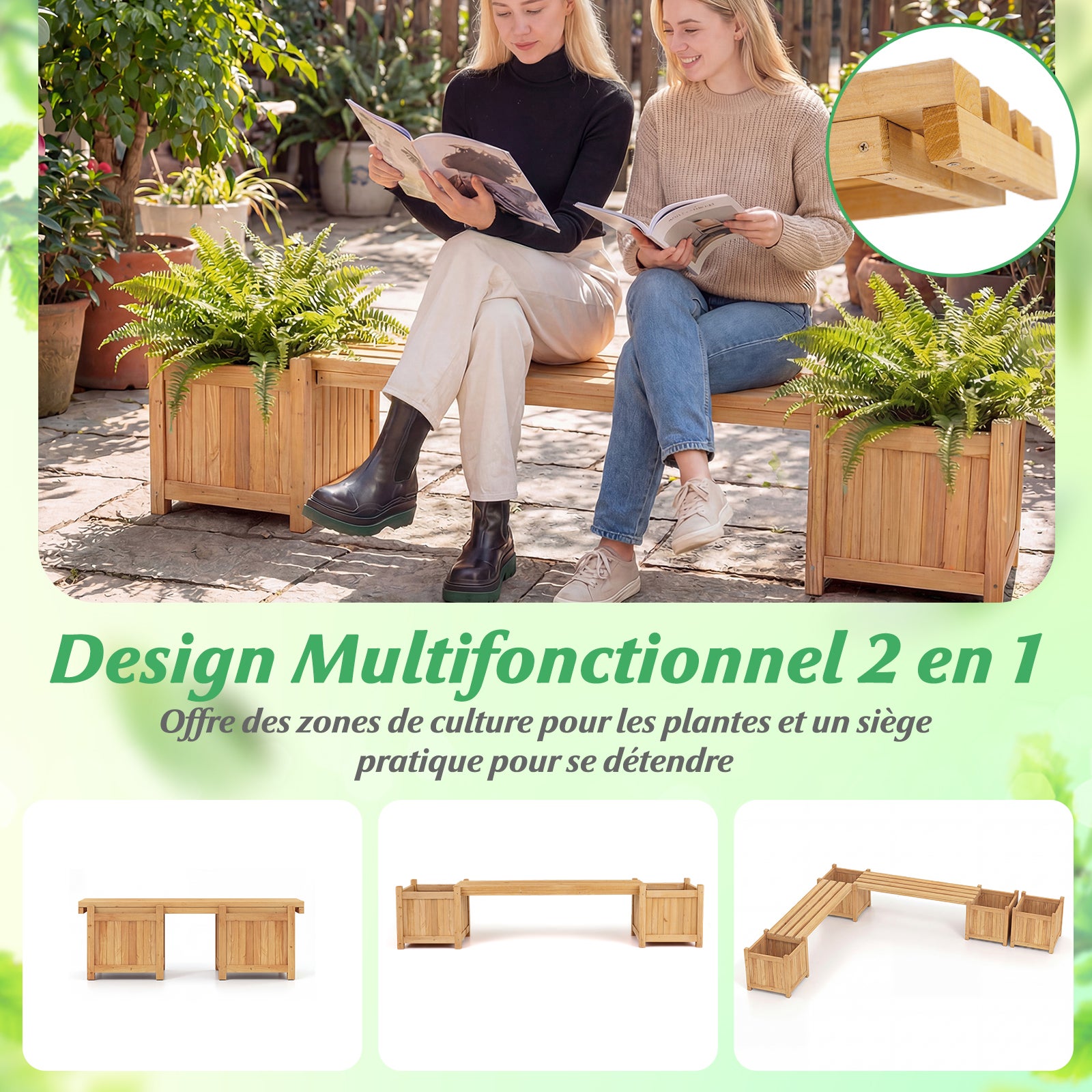 Jardinières d'Extérieur avec Banc 169 x 35 x 35 cm, Bac à Fleurs en Bois Massif Finition Huile de Teck Base Ouverte, Lit de Jardin Surélevé, Naturel - 4
