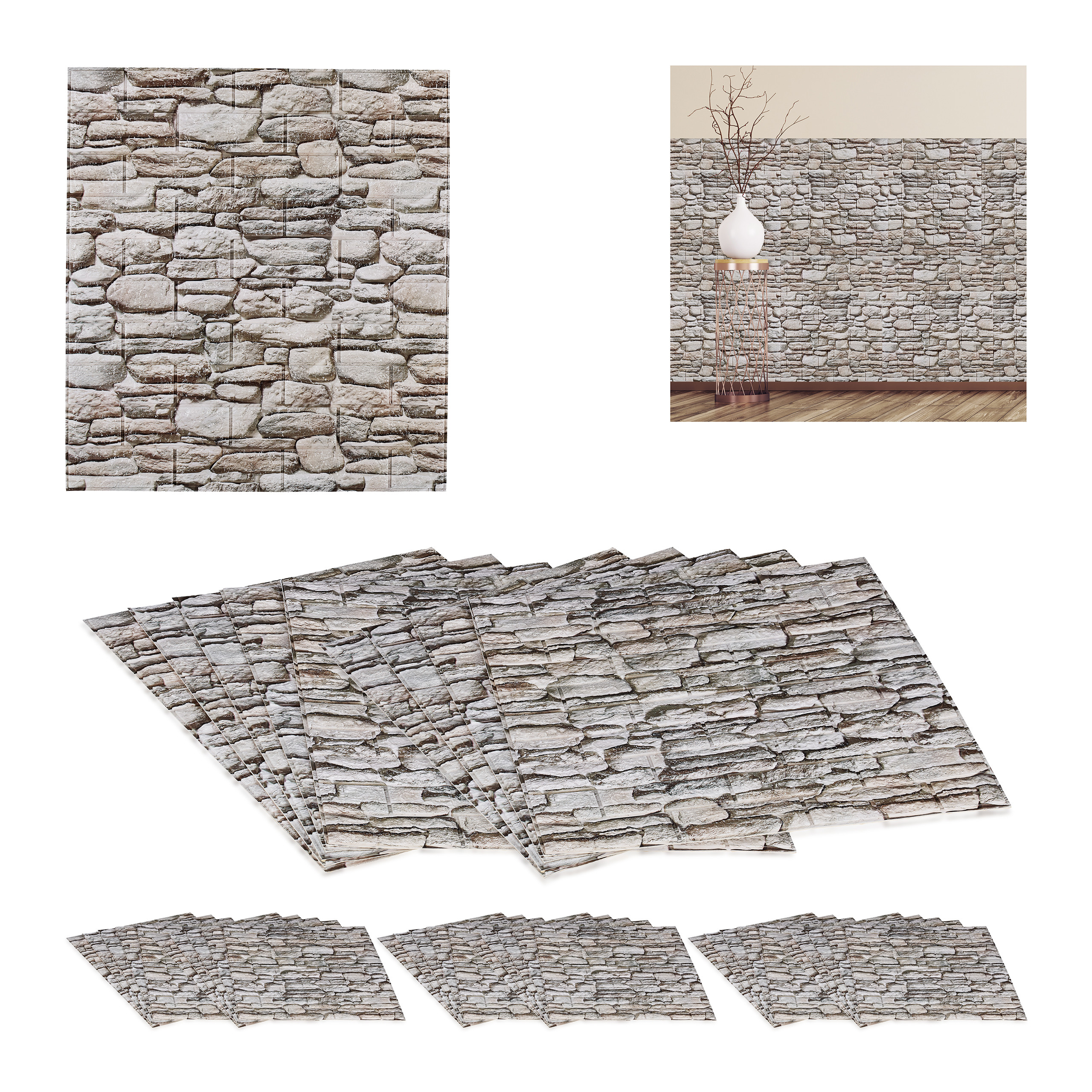 40 paneles pared, efecto piedra, autoadhesivos, cortables a medida, 3d, 77 x 70 cm, pegatinas decoración, roca, gris