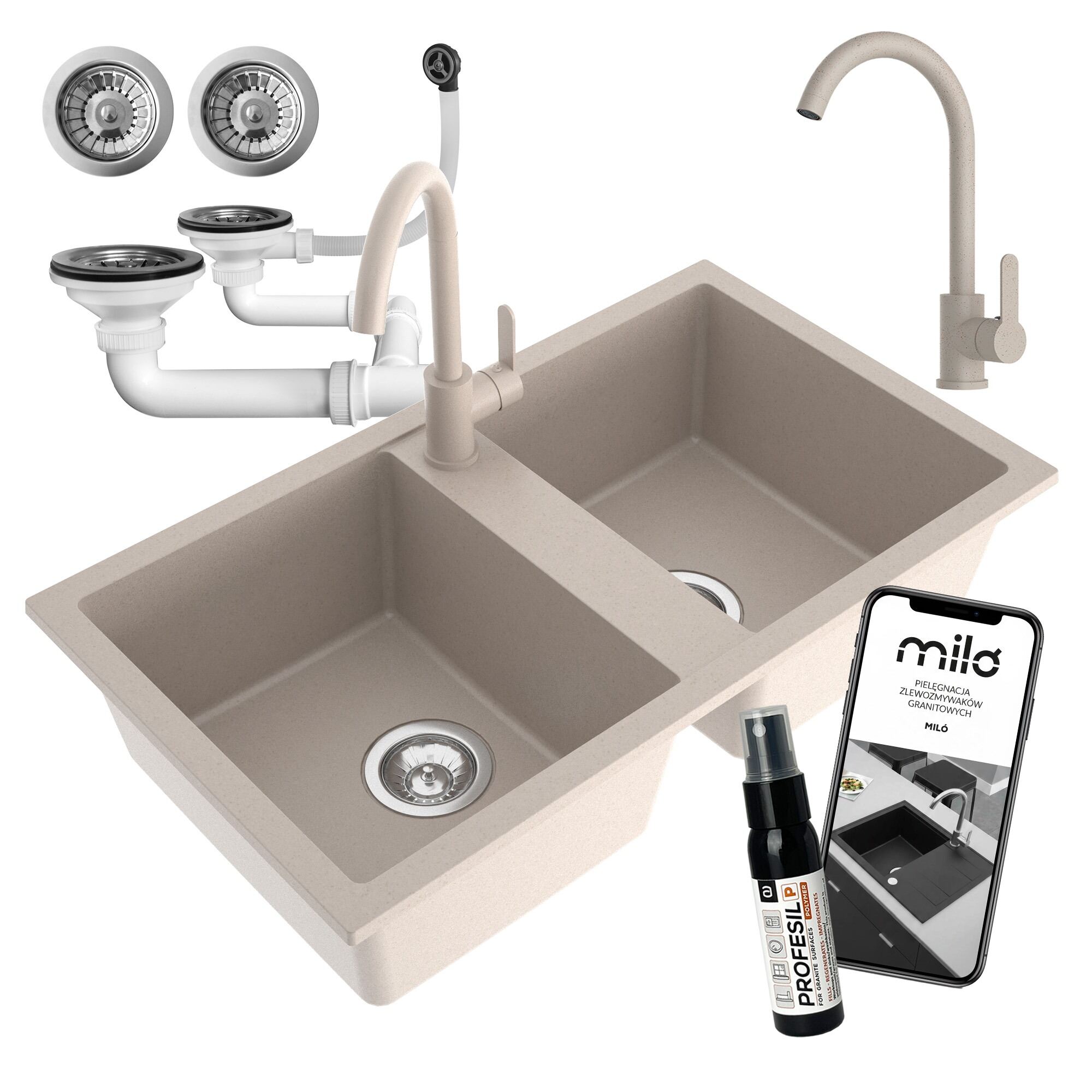 Zlewozmywak dwukomorowy Prado beżowy w zestawie z syfonem przyściennym i baterią Evo Select