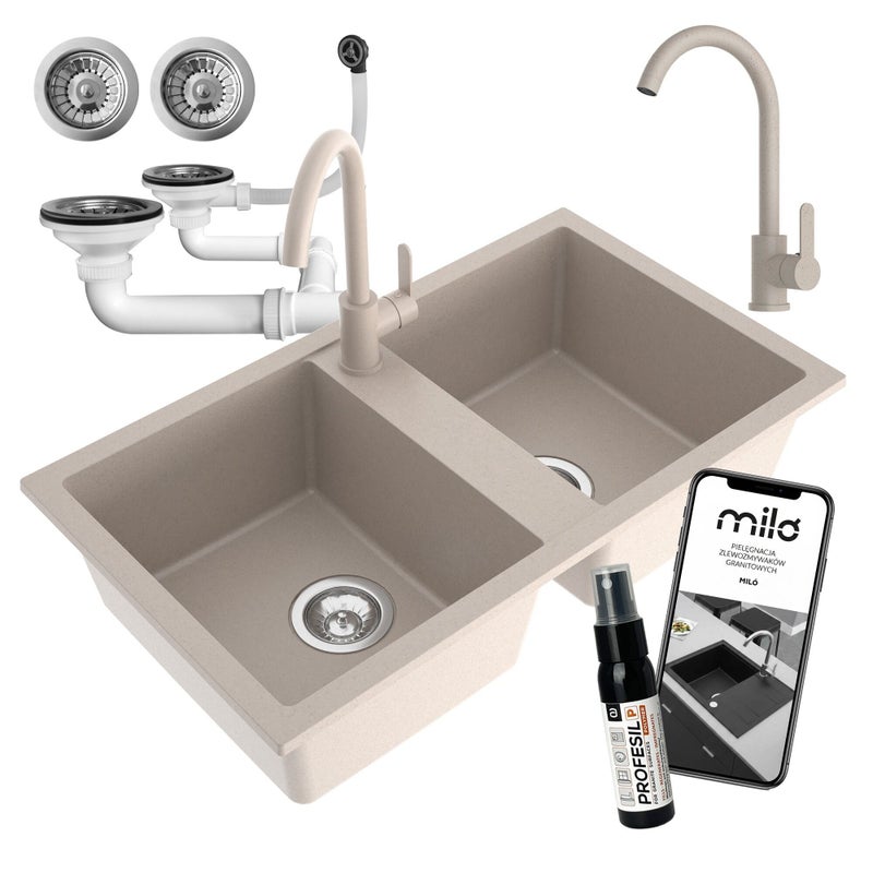 Zlewozmywak dwukomorowy Prado beżowy w zestawie z syfonem przyściennym i baterią Evo Select