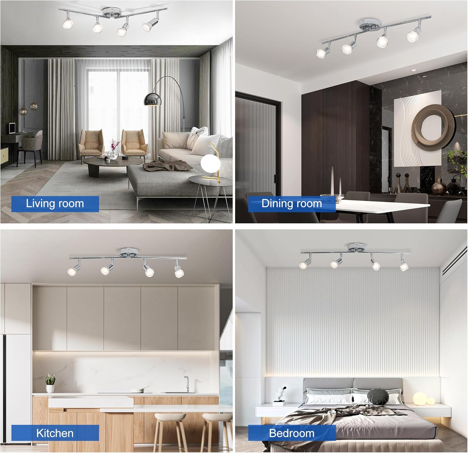 Spot de plafond de cuisine de salon à 4 voies, plafonnier en métal chromé pivotant à 330° Lampe, luminaires GU10 - 7