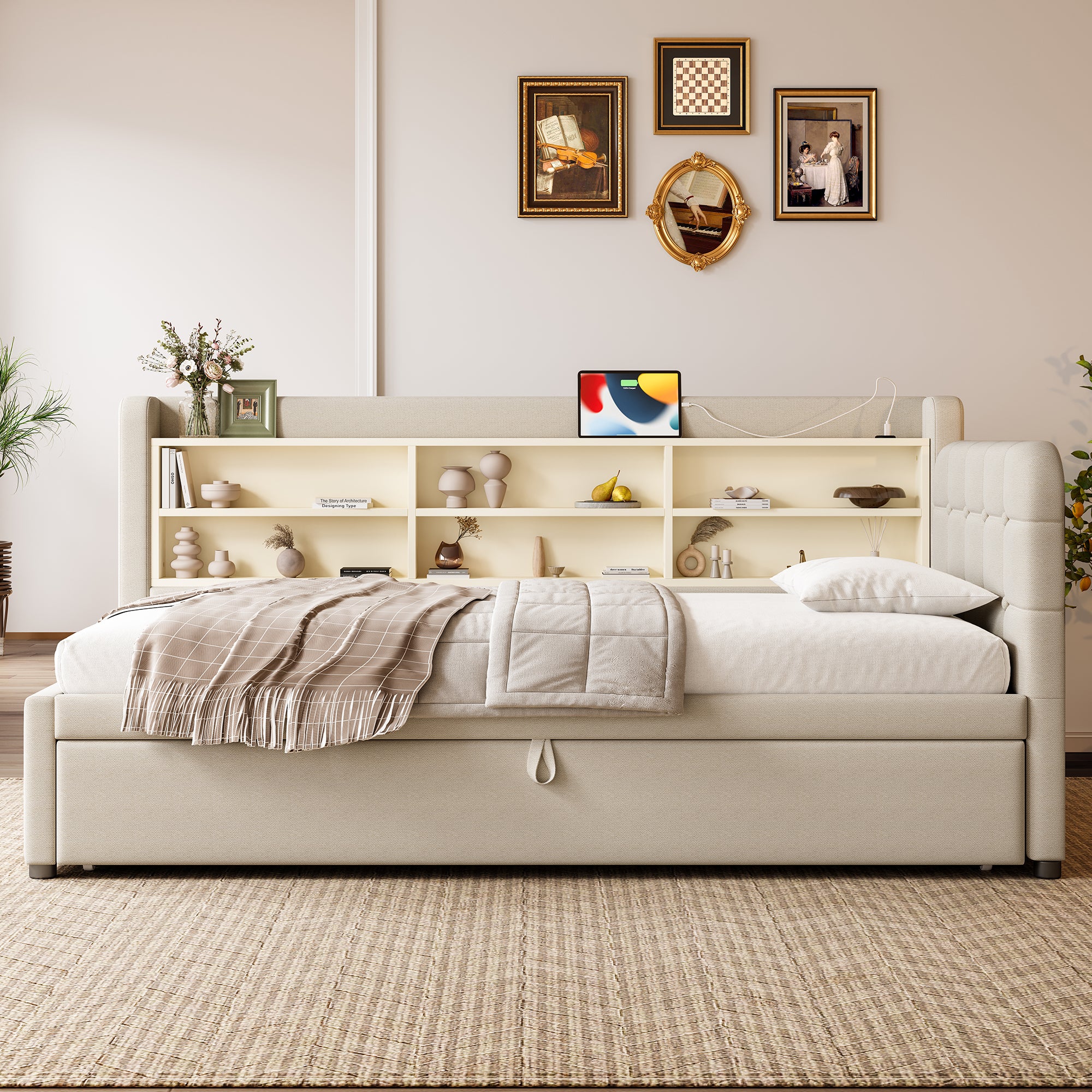 Sofa rozkładana 90x200 cm - z wysuwanym łóżkiem - port USB + Typ C - z półką do przechowywania - len - beżowa (materac nie jest wliczony w cenę)