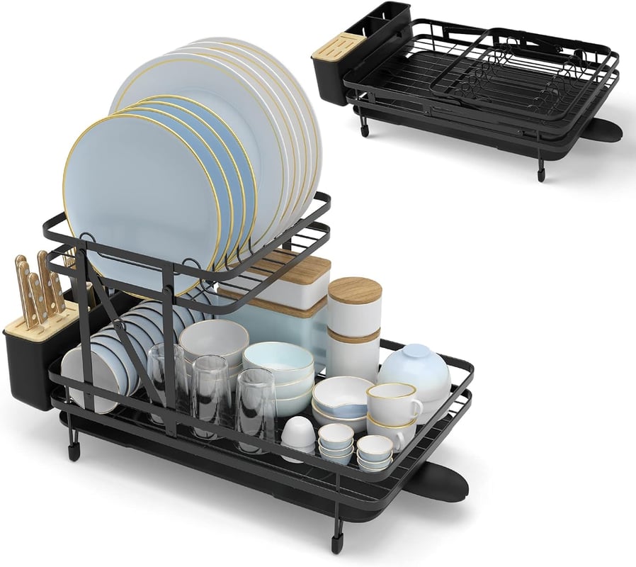 Odsączacz do Naczyń z Wyjmowaną Płytą, Wyjmowana Tacka Ociekowa, Odsączacz do Filiżanek na Blat Kuchenny, Czarny