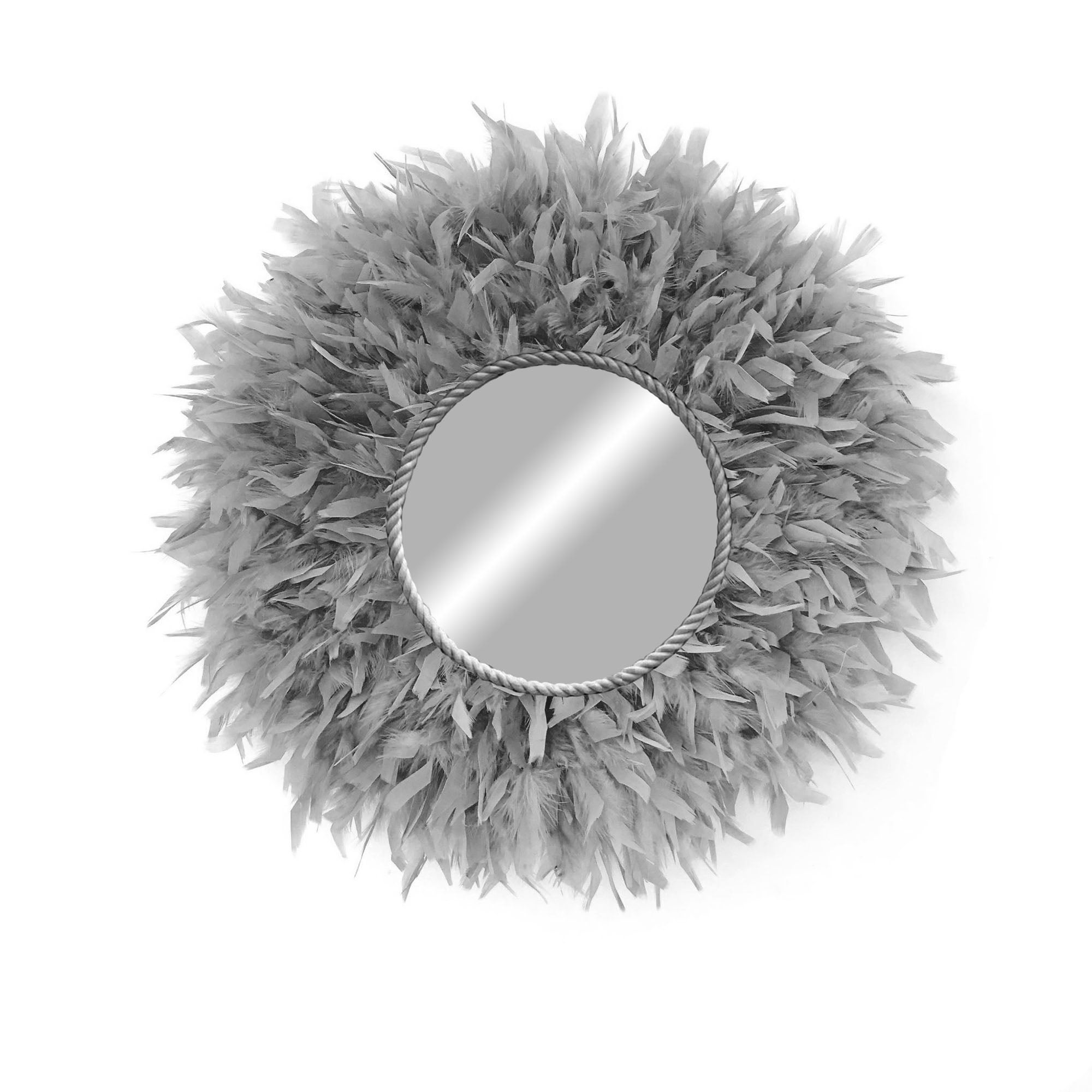 Espejo decorativo redondo con plumas naturales estilo boho - mirror feathers gris 90cm