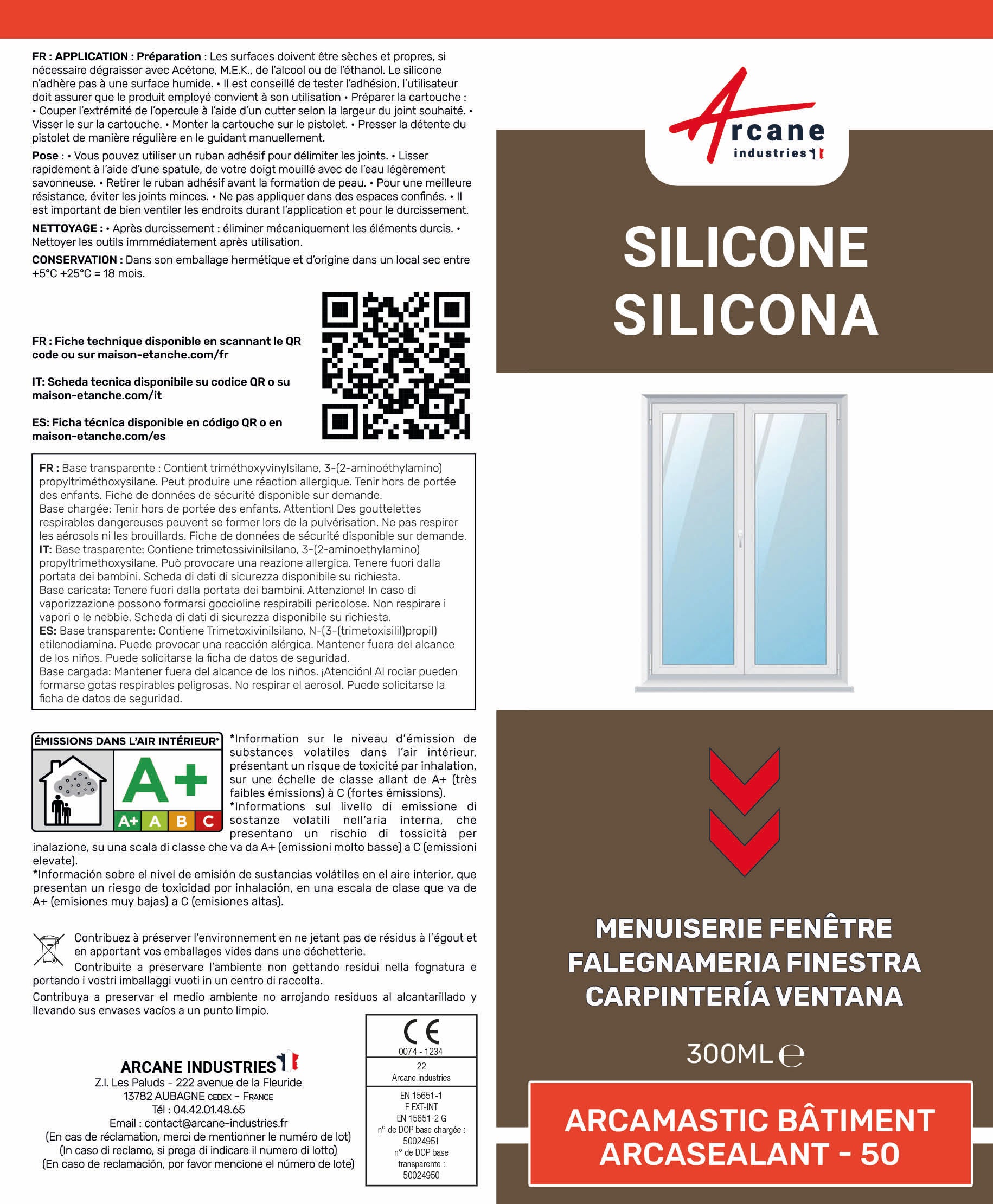 Mastic Silicone intérieur / extérieur pour fenêtres et menuiseries : ARCAMASTIC BATIMENT Blanc - 300 ml x 3 - ARCANE INDUSTRIES - 7
