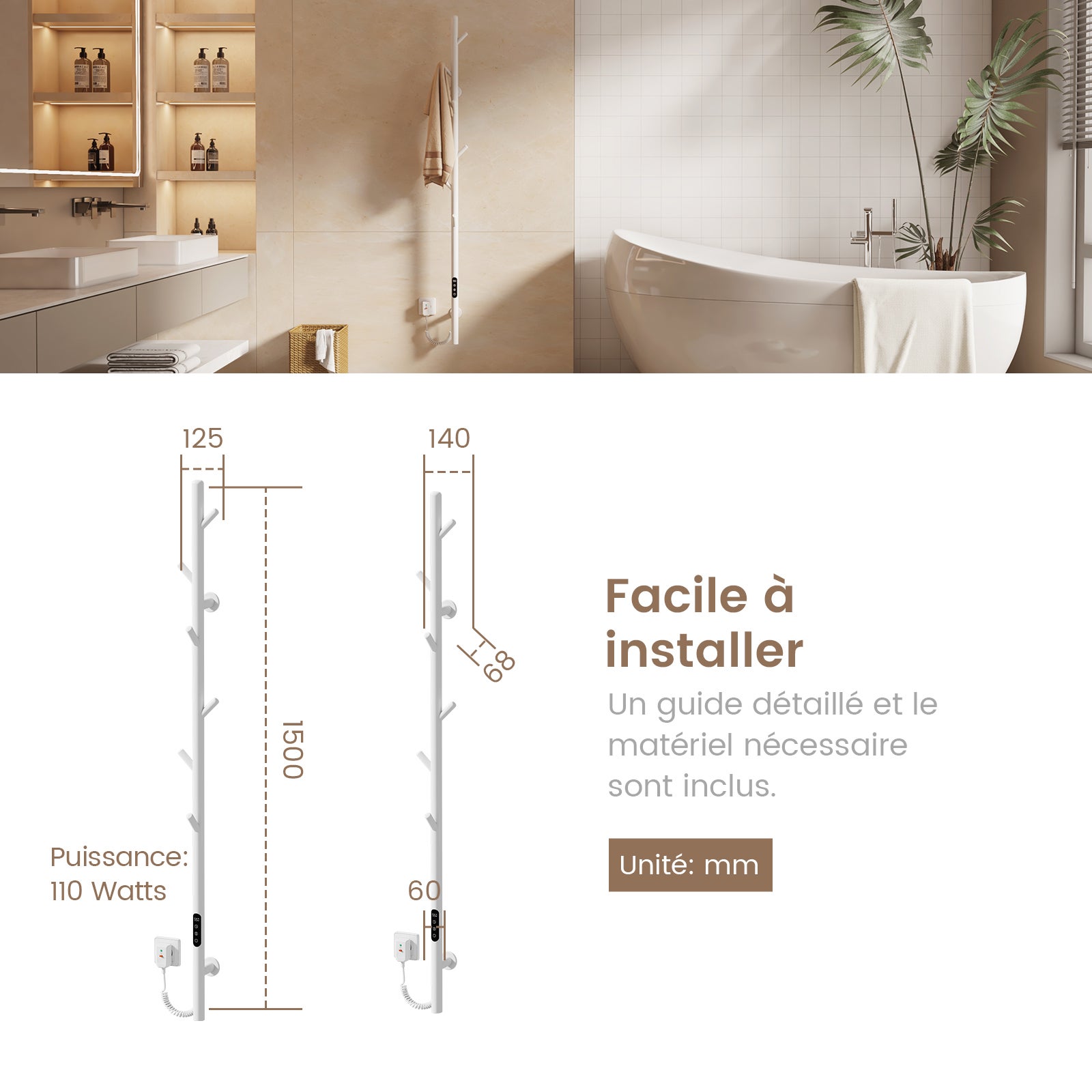 EMKE Chauffe-serviettes Électrique, thermostat intelligent WiFi, sèche-serviettes électrique, barre unique, 150 cm de hauteur, Blanc - 5