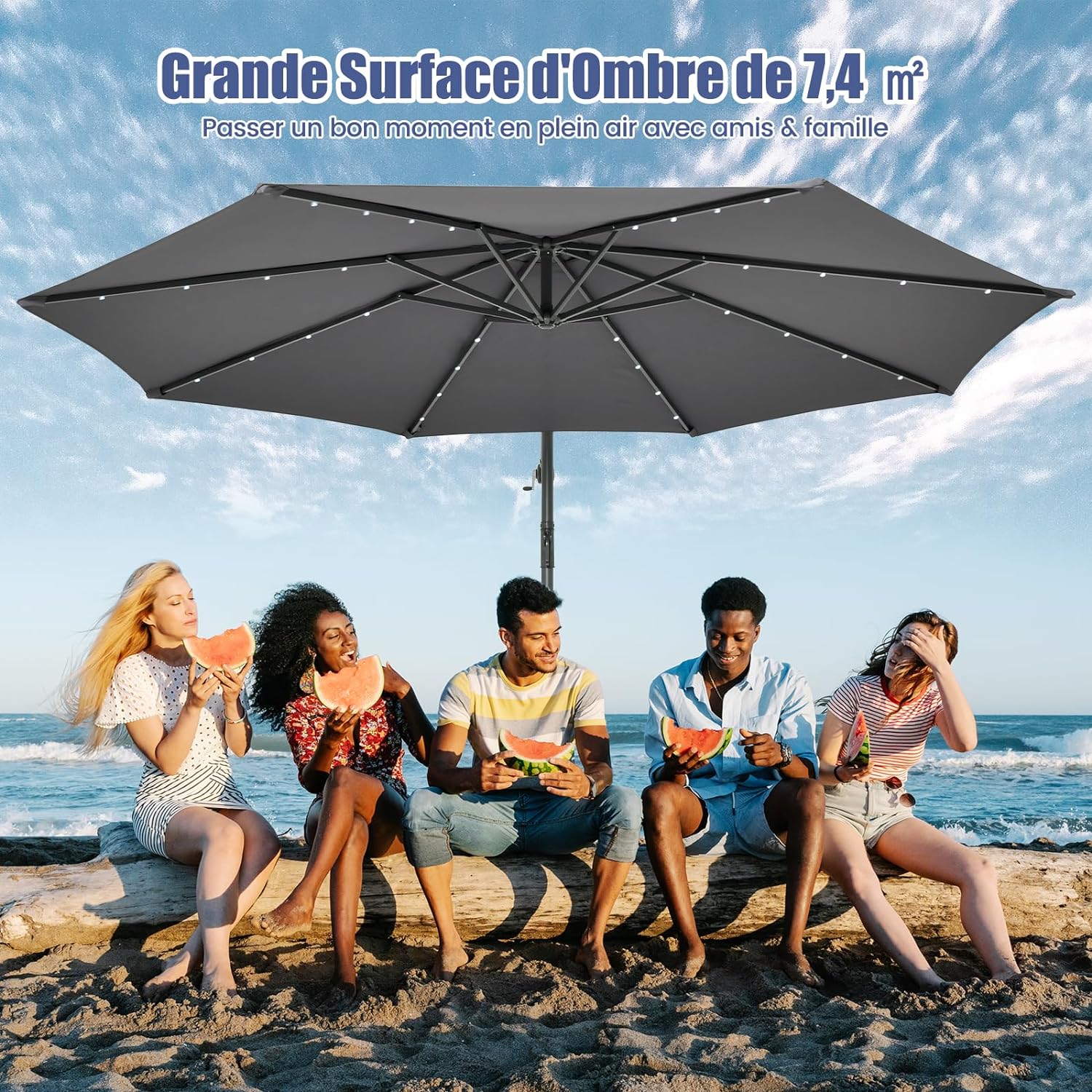 Guarda-chuva offset 3x3m, grande guarda-chuva cinza - 6