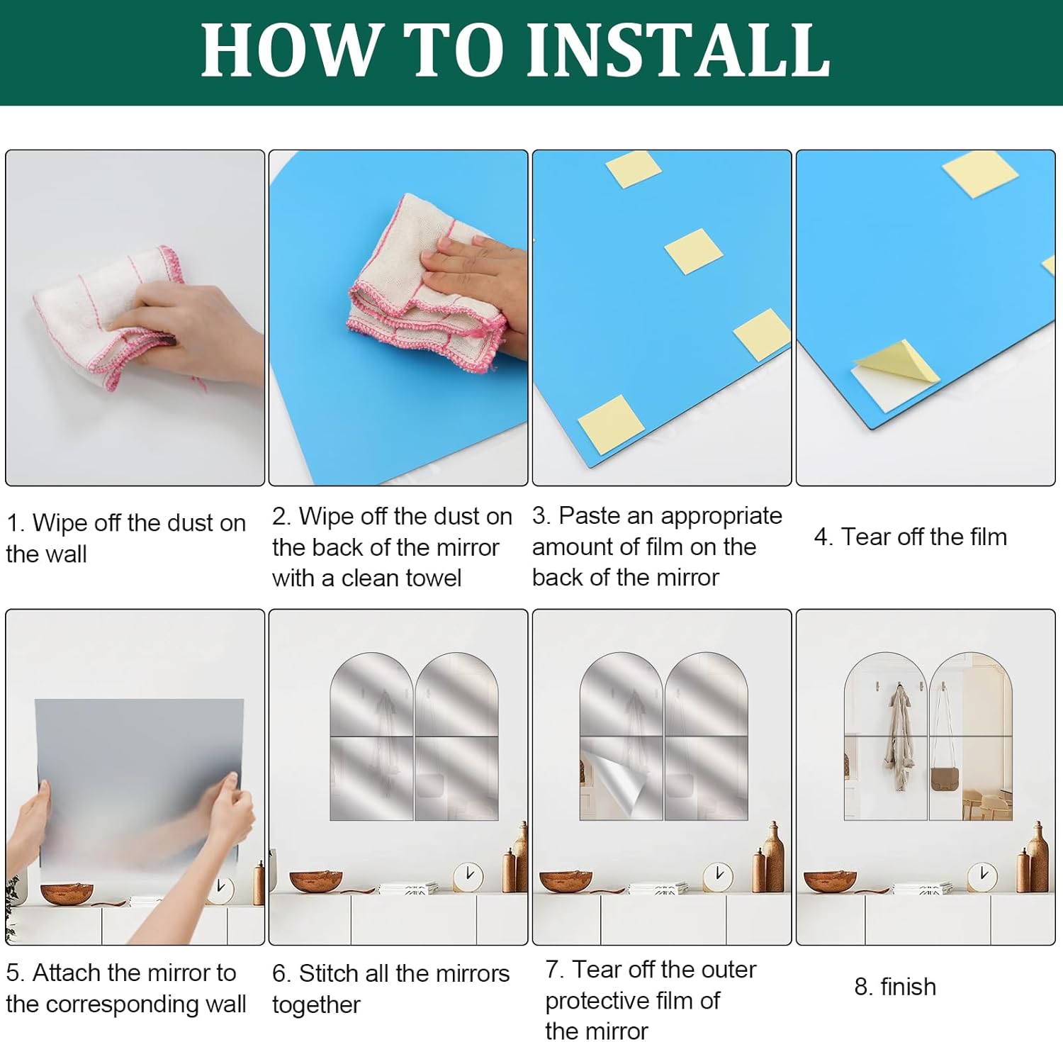 Stick On Mirrors 4pcs 30 x 30cm carreaux miroir autocollants, feuille de miroirs acryliques miroir long mur pour portes de garde-robe, mur - 3