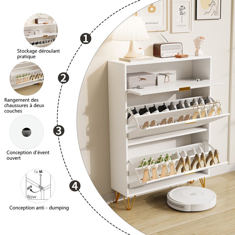 Meuble à chaussures, Etagere chaussure, Rangement chaussure, à deux portes et compartiments de rangement, Blanc - 7