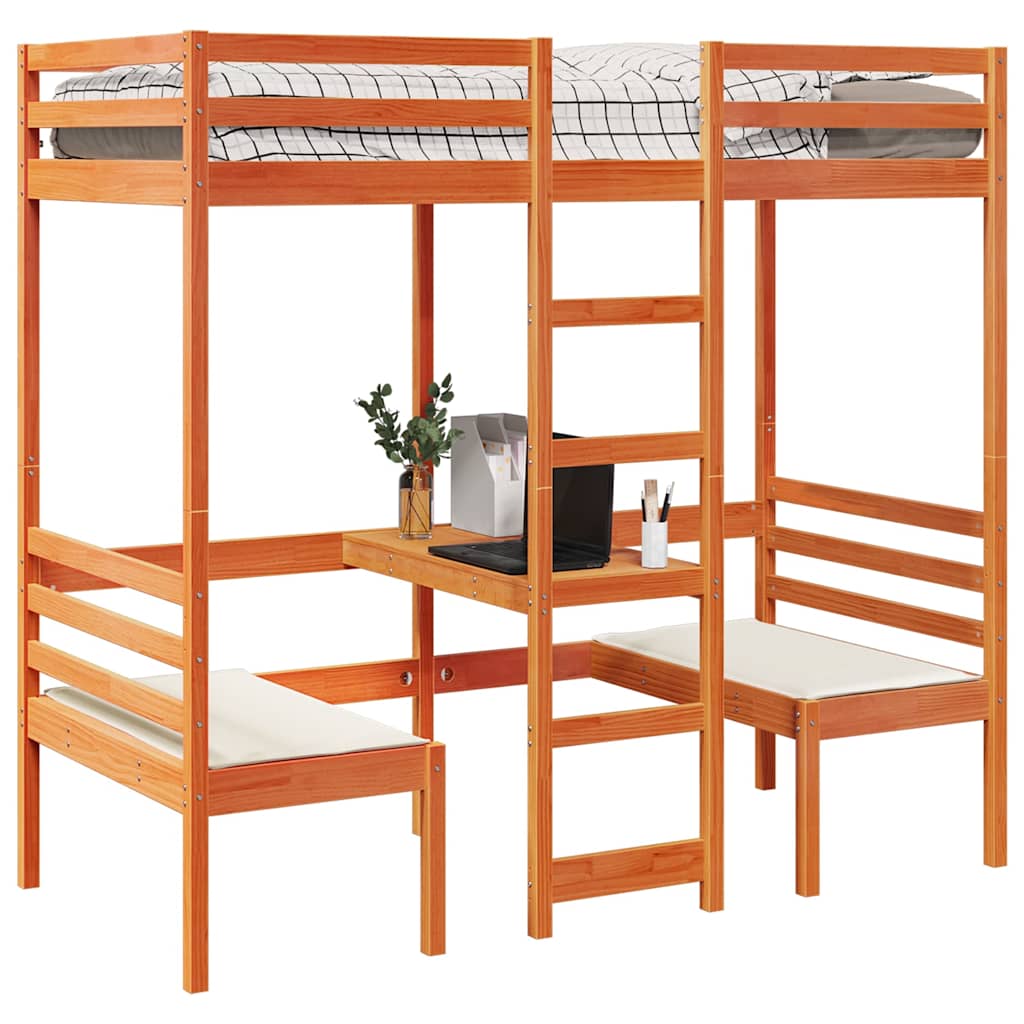 Lit mezzanine avec bureau et chaises, pin, brun ciré, pour la chambre, 80 × 200 cm - 4