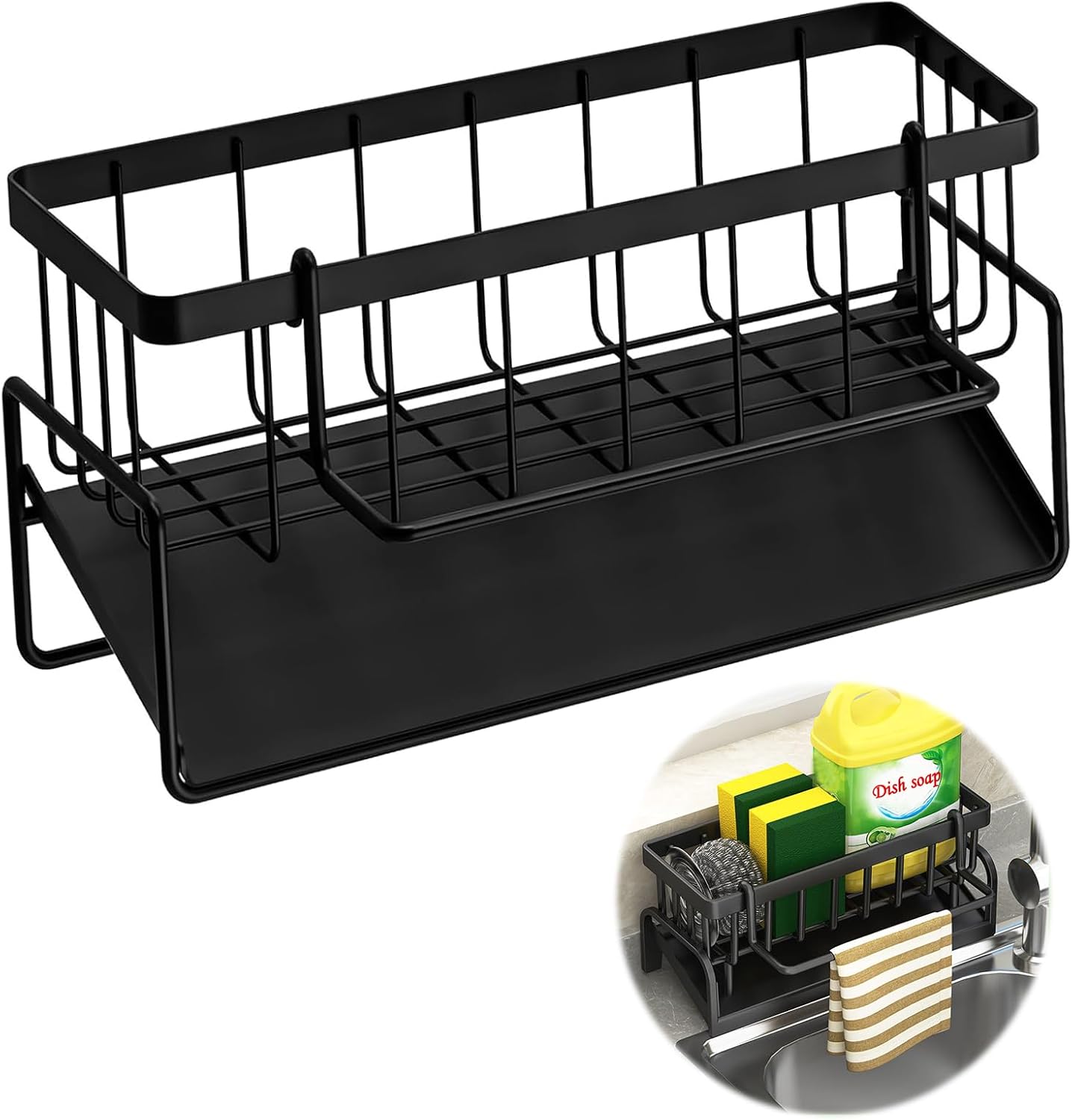 Organizer do zlewu, czarny uchwyt na gąbkę do zlewu z tacką ociekową i wyjmowanym wieszakiem na ręczniki, organizer na gąbkę do zlewu ze stali nierdze