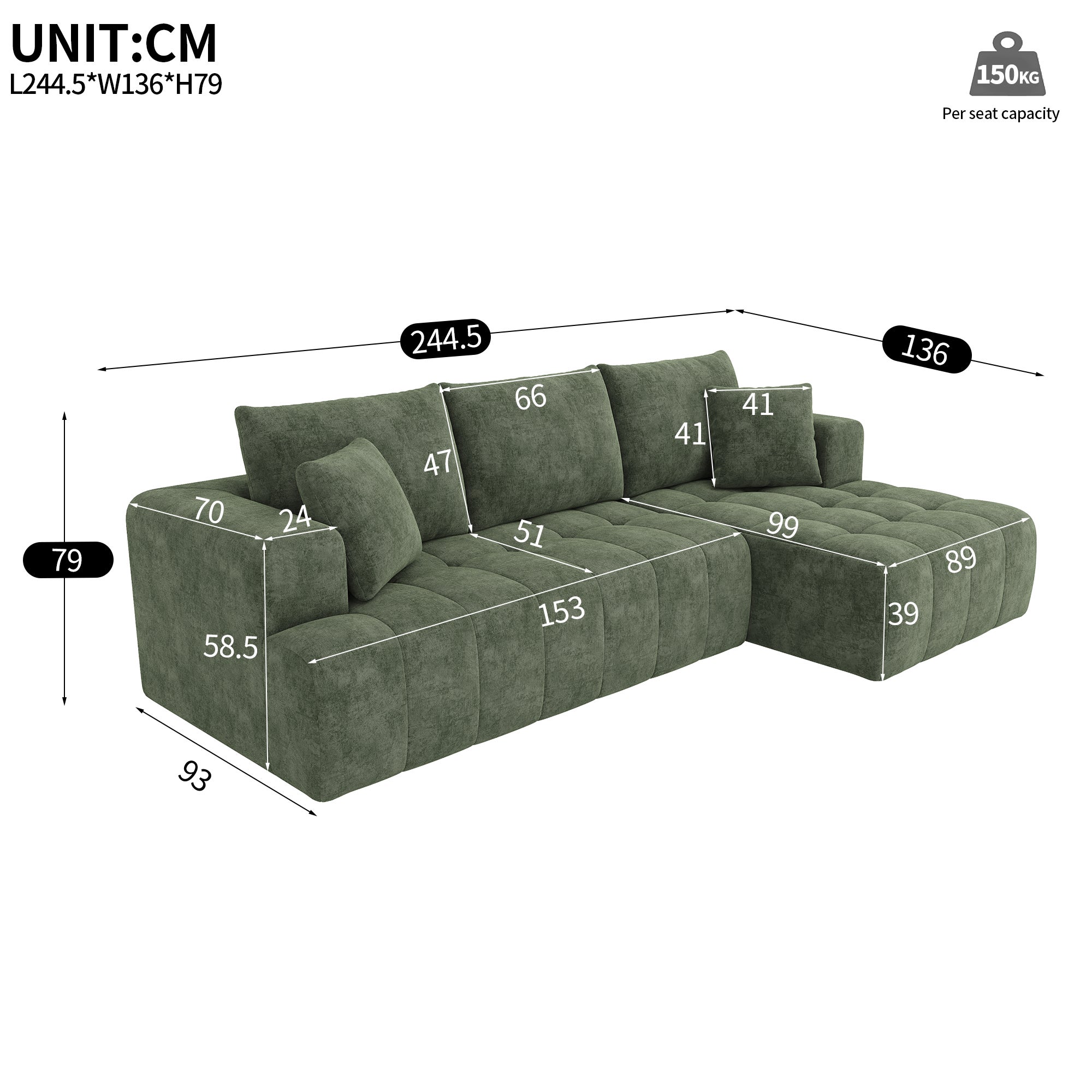 Canapé d'angle modulaire en L 244.5x136x79cm, canapé nuage, tissu chenille confortable, combinable librement,sans montage, vert - 5