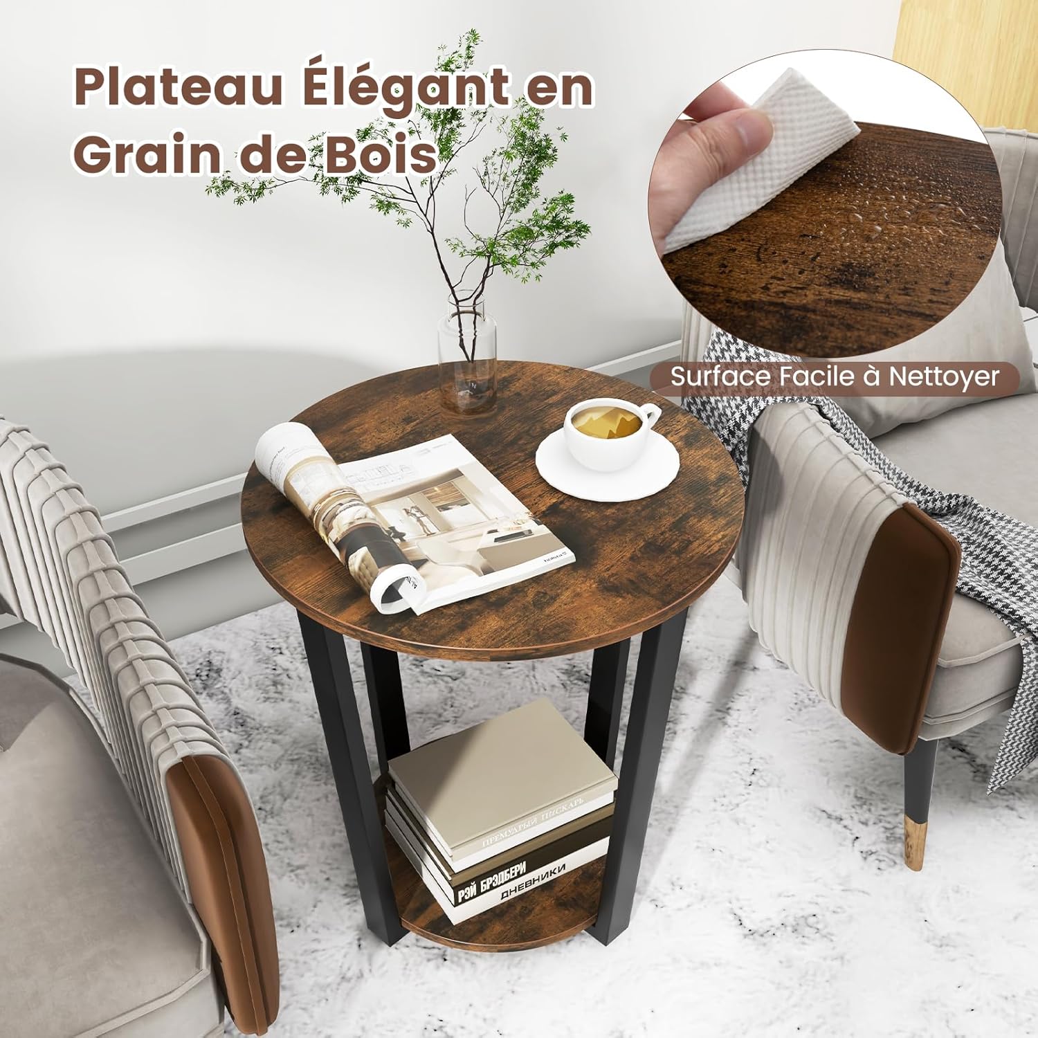 Bout de Canapé Rond à 2 Niveaux, Table d'Appoint avec Etagère de Rangement, Cadre en Métal, Style Industriel, Table Compacte(Marron Rustique) - 6
